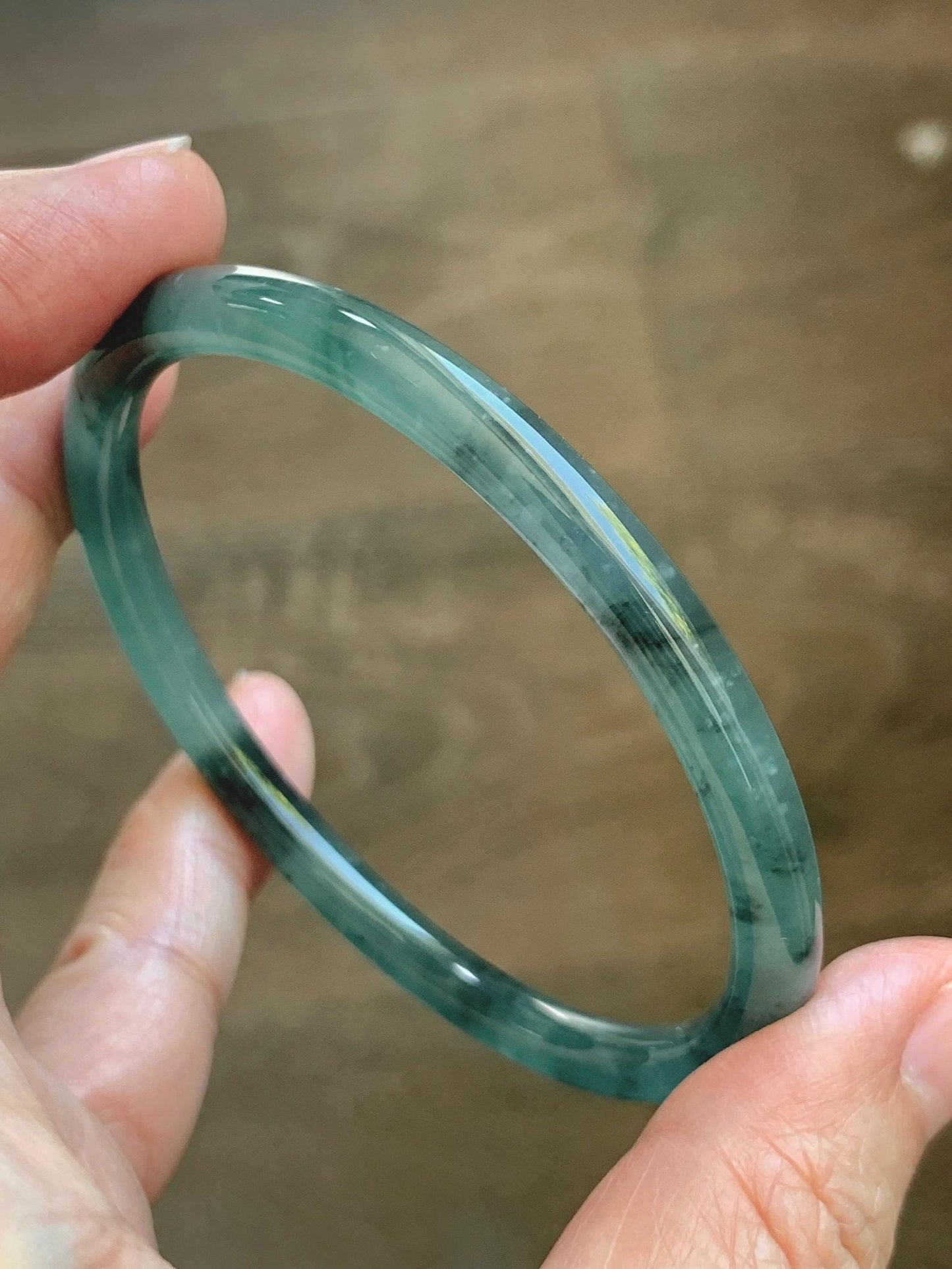 Certified Natural Grade A Guatemalan Icy Translucent Dusty Teal Green Wuji Jade Jadeite Slim Bangle 60.37mm 7.46” 19g 天然冰胶危蓝绿乌鸡翡翠细圆条手镯 213
