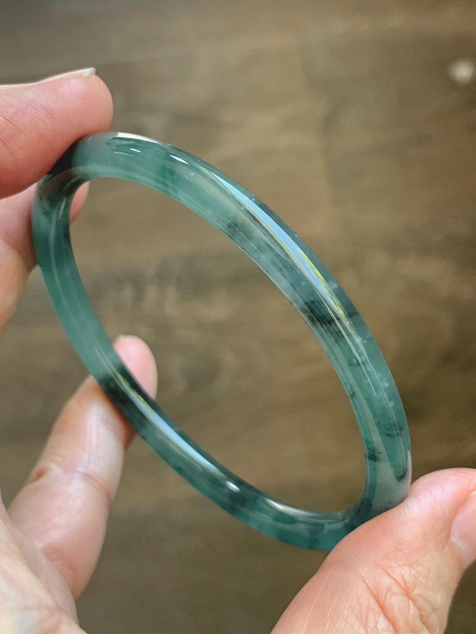 Certified Natural Grade A Guatemalan Icy Translucent Dusty Teal Green Wuji Jade Jadeite Slim Bangle 60.37mm 7.46” 19g 天然冰胶危蓝绿乌鸡翡翠细圆条手镯 213