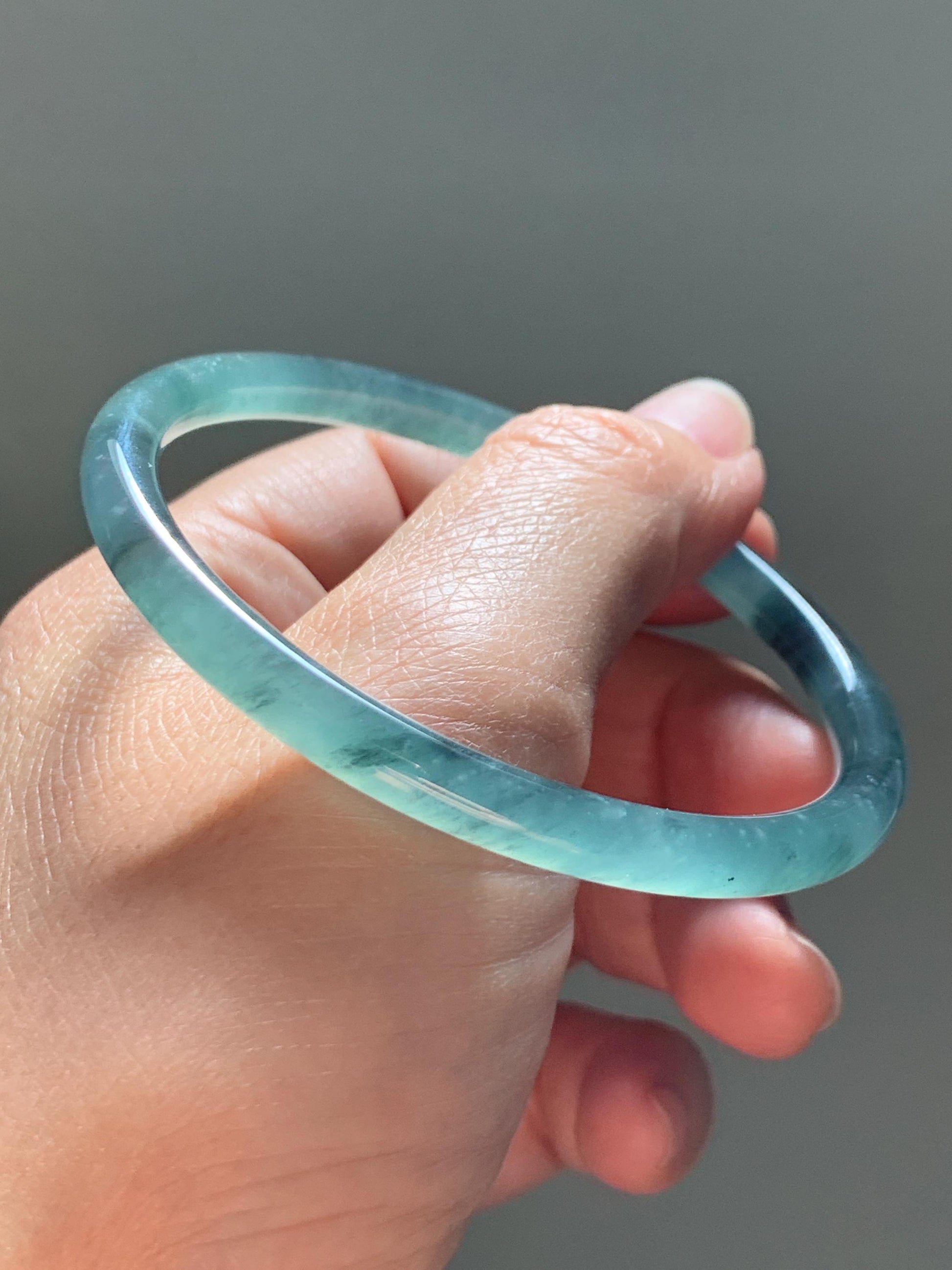 Certified Natural Grade A Guatemalan Icy Translucent Dusty Teal Green Wuji Jade Jadeite Slim Bangle 60.37mm 7.46” 19g 天然冰胶危蓝绿乌鸡翡翠细圆条手镯 213