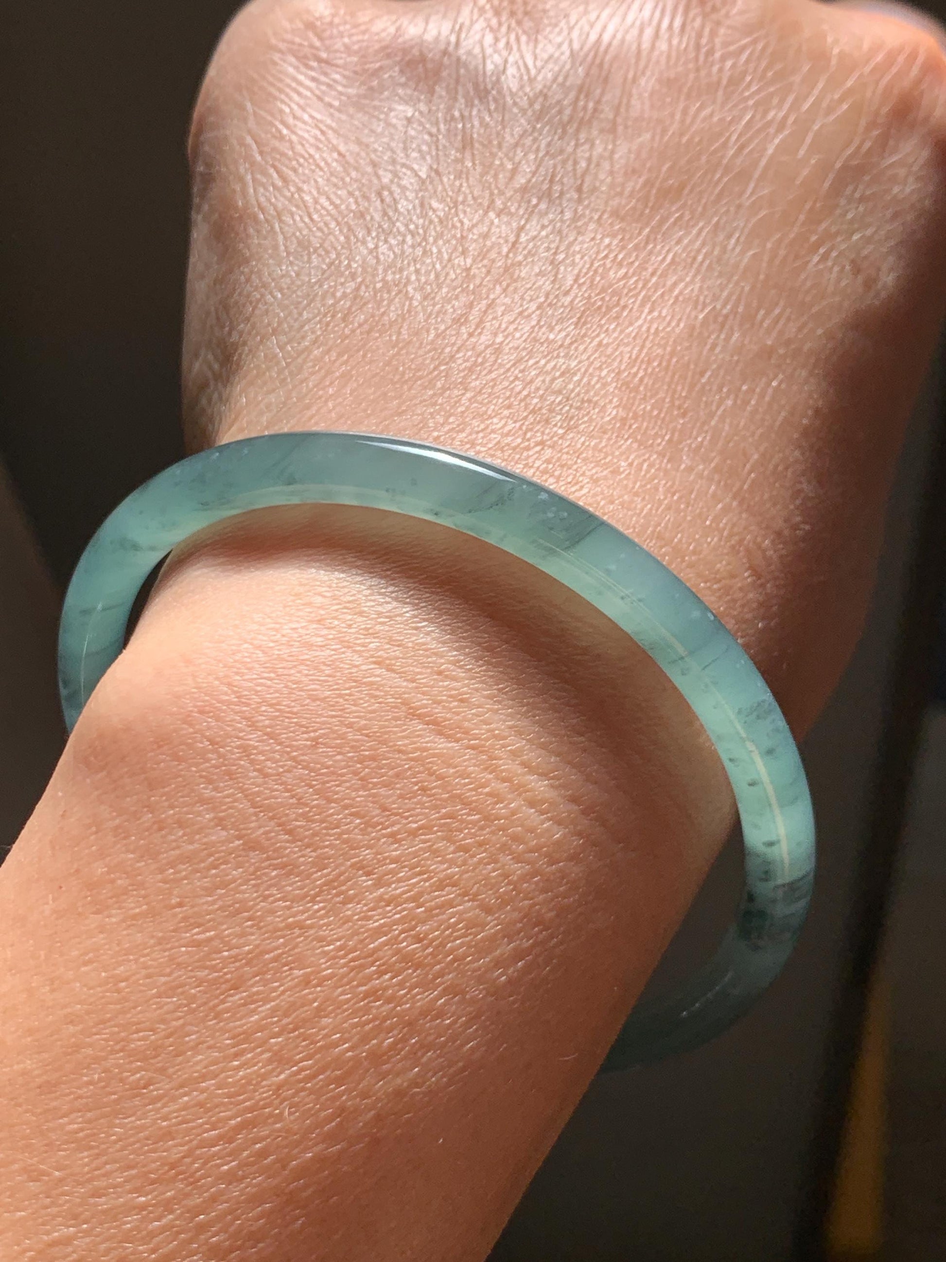 Certified Natural Grade A Guatemalan Icy Translucent Dusty Teal Green Wuji Jade Jadeite Slim Bangle 60.37mm 7.46” 19g 天然冰胶危蓝绿乌鸡翡翠细圆条手镯 213