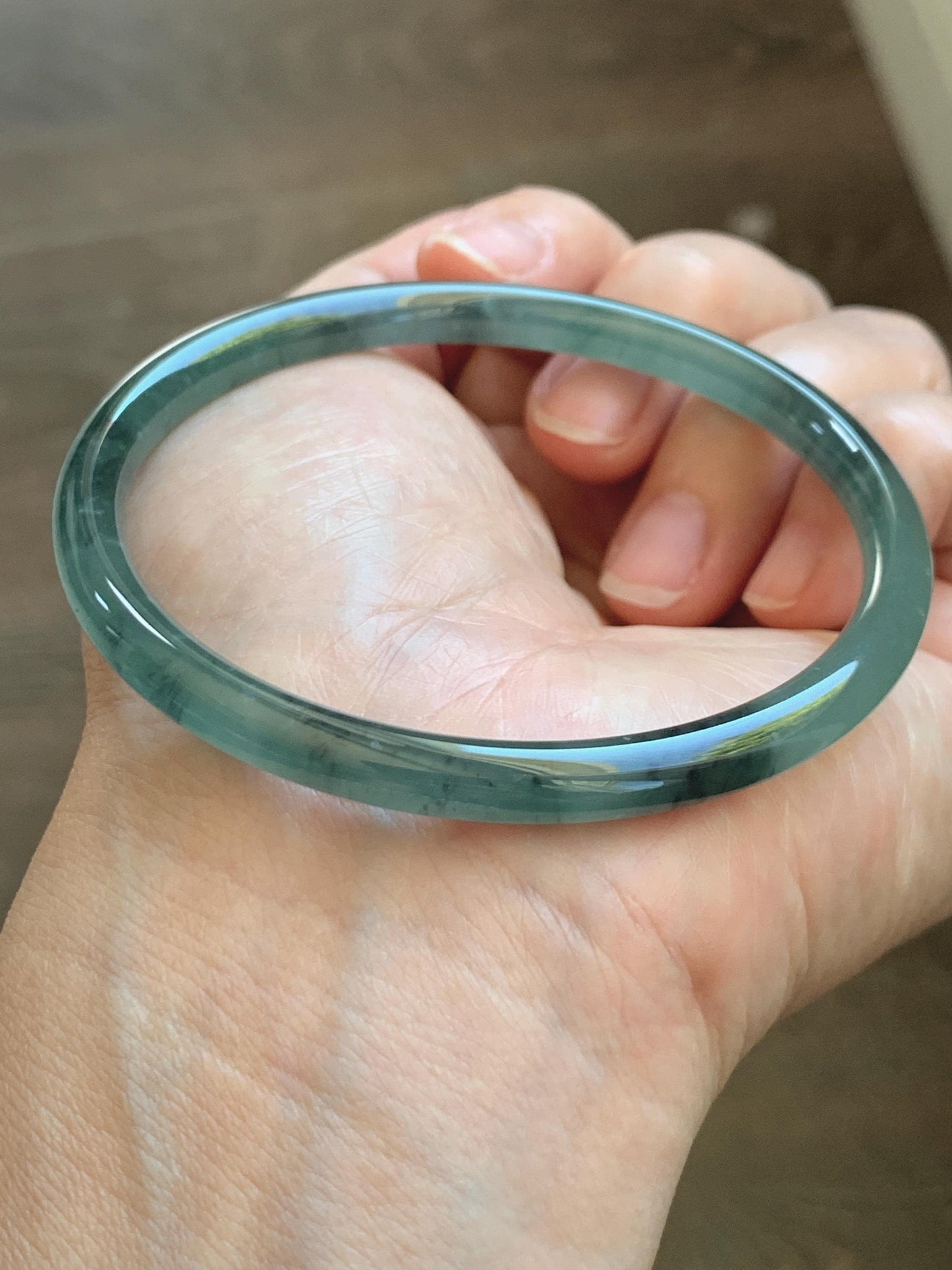 Certified Natural Grade A Guatemalan Icy Translucent Dusty Teal Green Wuji Jade Jadeite Slim Bangle 60.37mm 7.46” 19g 天然冰胶危蓝绿乌鸡翡翠细圆条手镯 213
