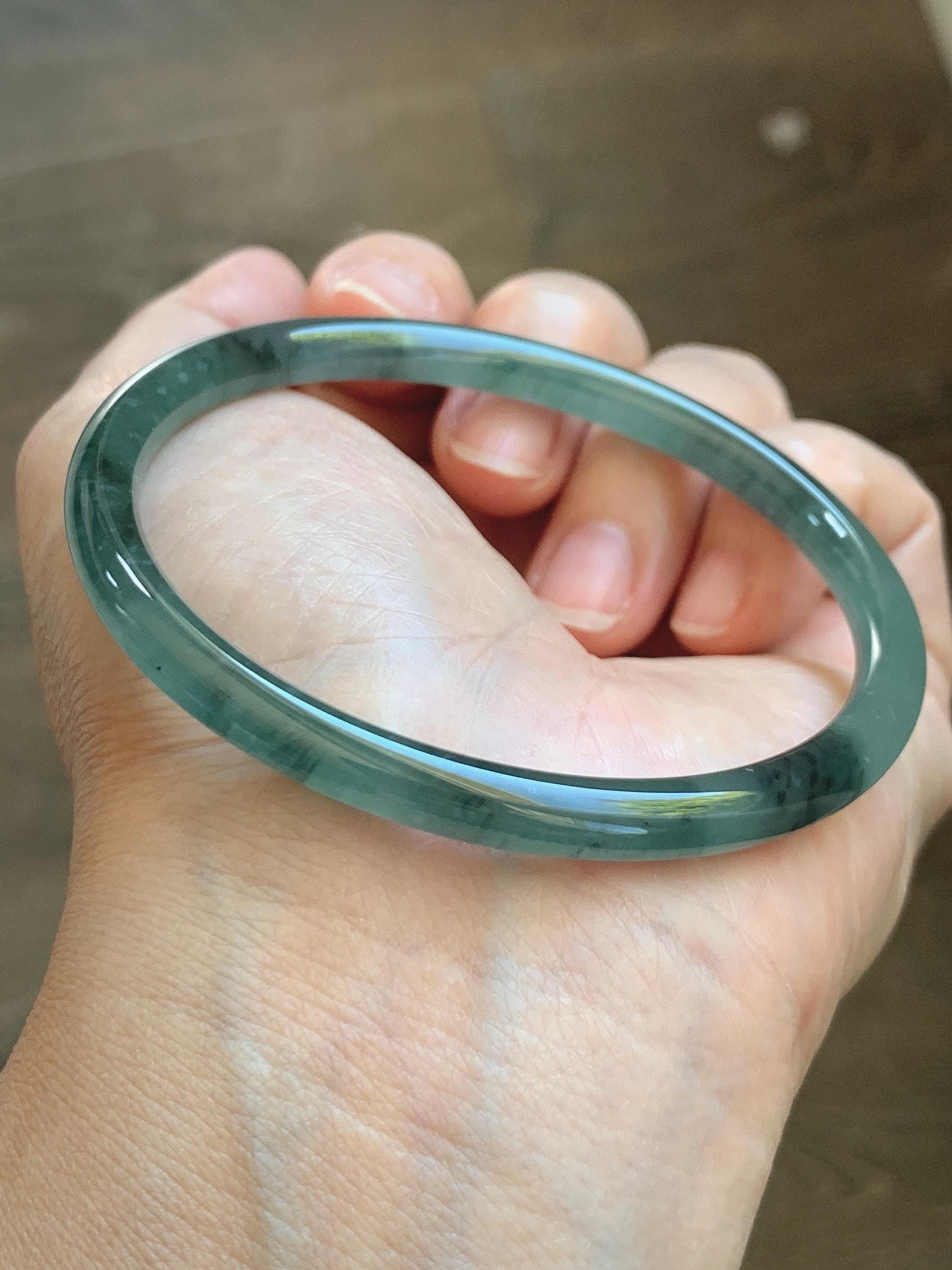 Certified Natural Grade A Guatemalan Icy Translucent Dusty Teal Green Wuji Jade Jadeite Slim Bangle 60.37mm 7.46” 19g 天然冰胶危蓝绿乌鸡翡翠细圆条手镯 213