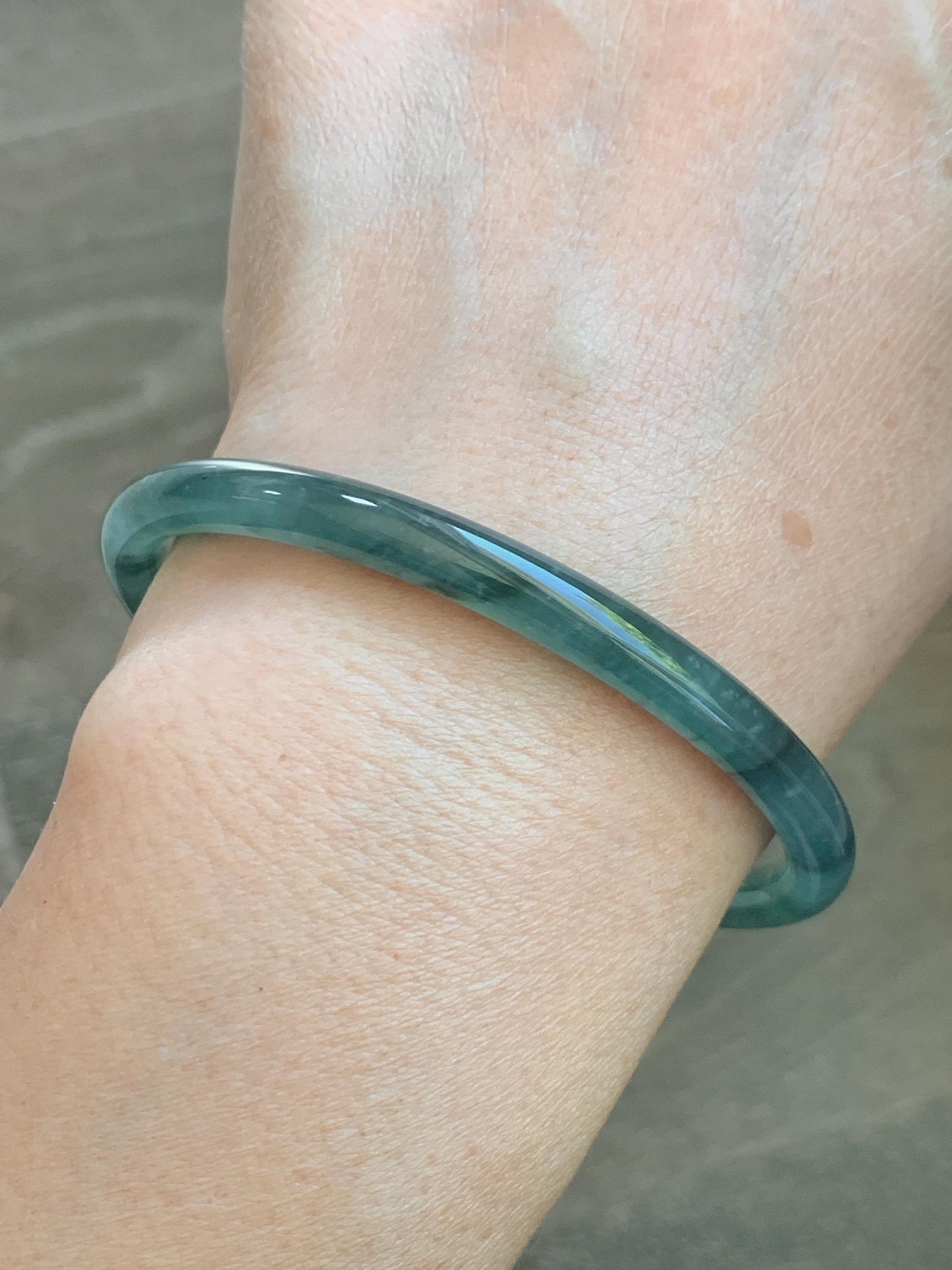 Certified Natural Grade A Guatemalan Icy Translucent Dusty Teal Green Wuji Jade Jadeite Slim Bangle 60.37mm 7.46” 19g 天然冰胶危蓝绿乌鸡翡翠细圆条手镯 213