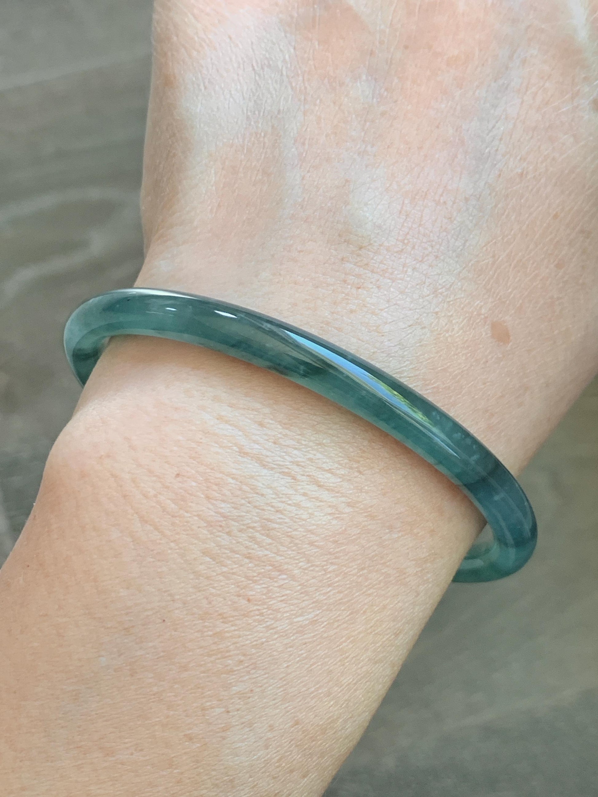 Certified Natural Grade A Guatemalan Icy Translucent Dusty Teal Green Wuji Jade Jadeite Slim Bangle 60.37mm 7.46” 19g 天然冰胶危蓝绿乌鸡翡翠细圆条手镯 213