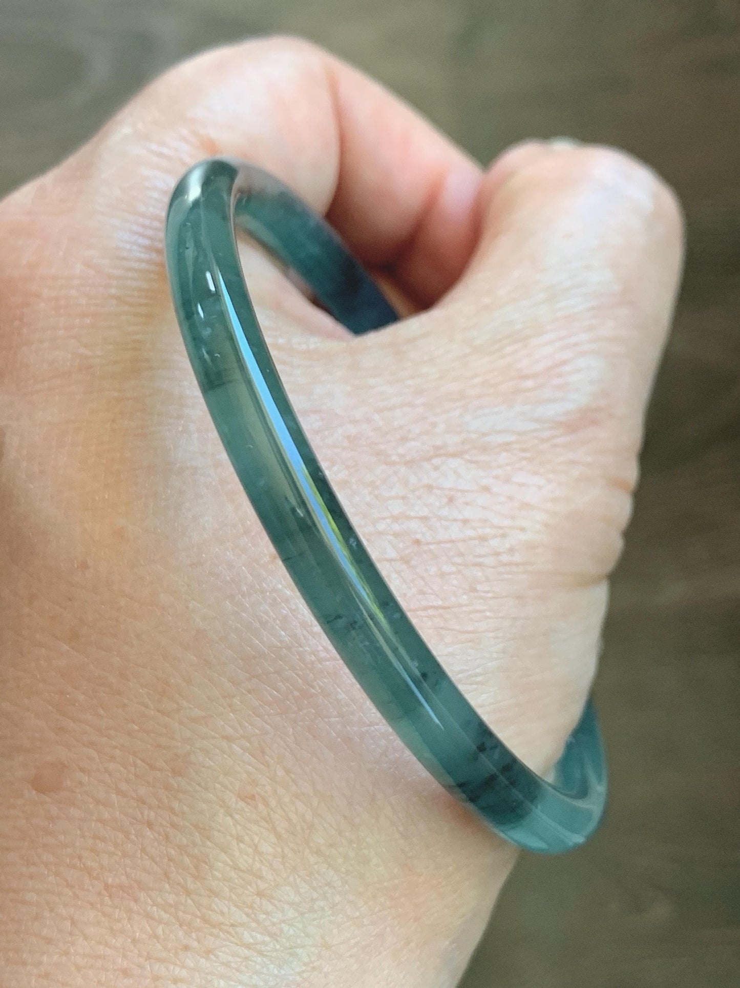 Certified Natural Grade A Guatemalan Icy Translucent Dusty Teal Green Wuji Jade Jadeite Slim Bangle 60.37mm 7.46” 19g 天然冰胶危蓝绿乌鸡翡翠细圆条手镯 213