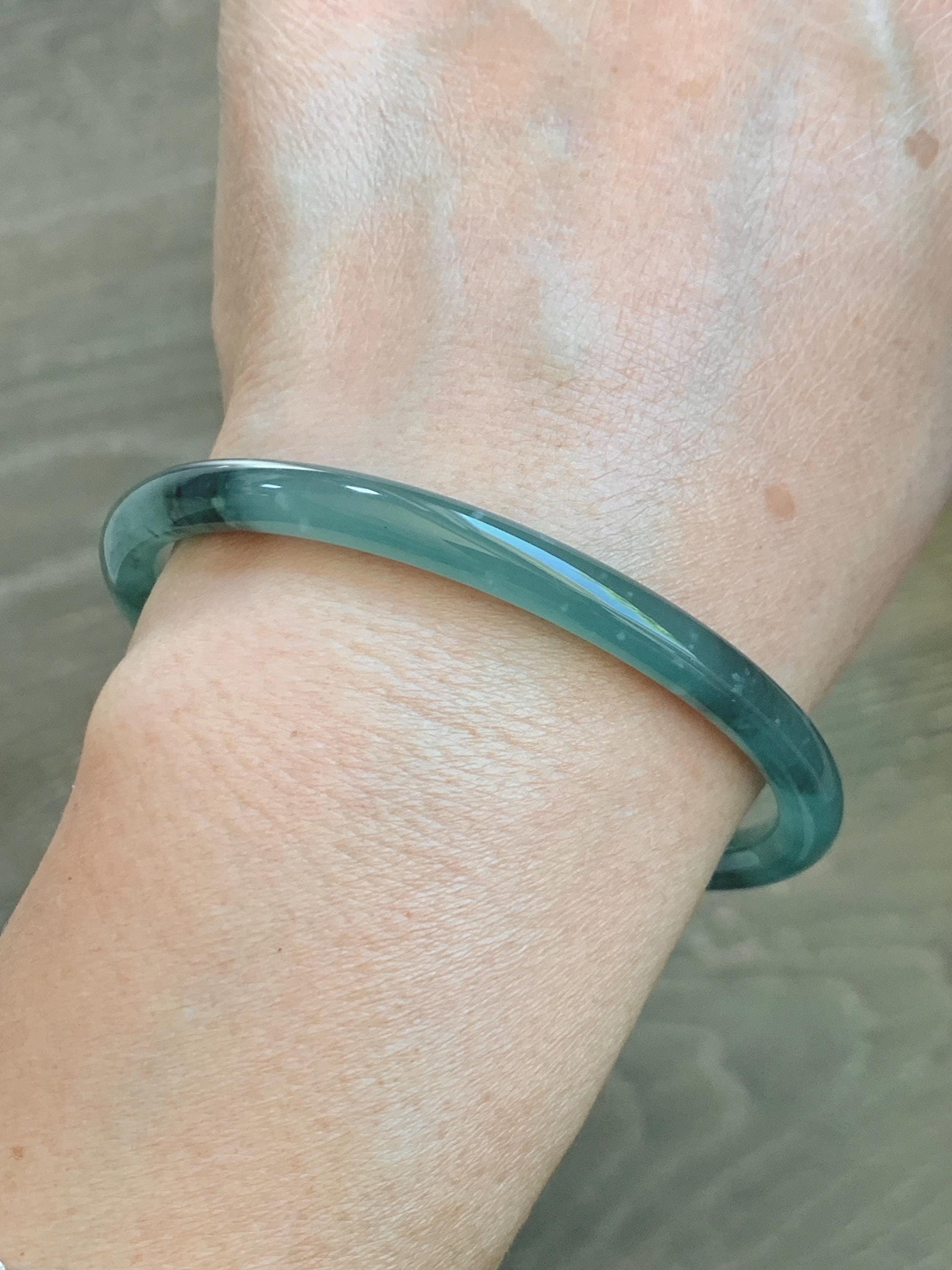 Certified Natural Grade A Guatemalan Icy Translucent Dusty Teal Green Wuji Jade Jadeite Slim Bangle 60.37mm 7.46” 19g 天然冰胶危蓝绿乌鸡翡翠细圆条手镯 213
