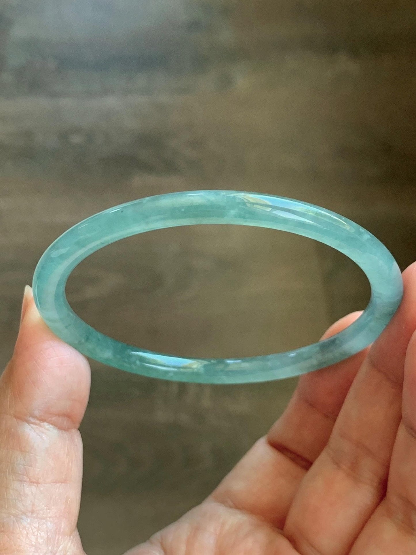 Certified Natural Grade A Guatemalan Icy Highly Translucent Dusty Teal Green Jade Jadeite Slim Bangle 57.57mm 7.11” 16g 天然冰胶危蓝绿翡翠细圆条手镯 206