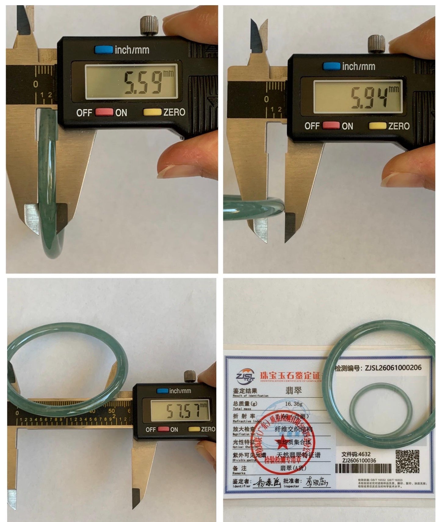 Certified Natural Grade A Guatemalan Icy Highly Translucent Dusty Teal Green Jade Jadeite Slim Bangle 57.57mm 7.11” 16g 天然冰胶危蓝绿翡翠细圆条手镯 206