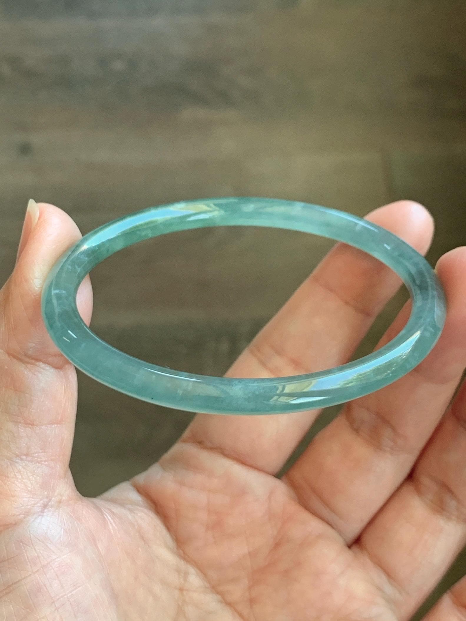 Certified Natural Grade A Guatemalan Icy Highly Translucent Dusty Teal Green Jade Jadeite Slim Bangle 57.57mm 7.11” 16g 天然冰胶危蓝绿翡翠细圆条手镯 206