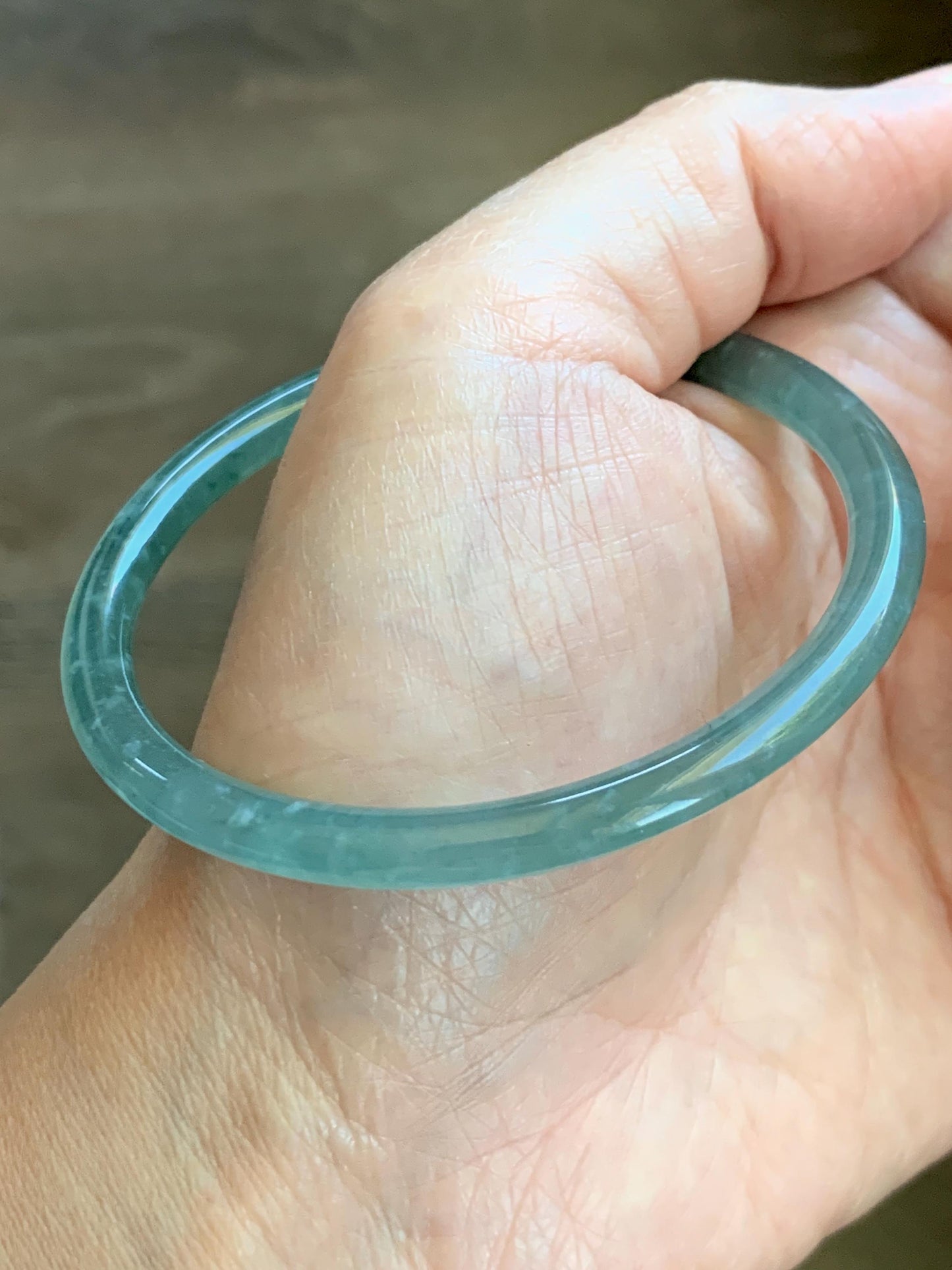 Certified Natural Grade A Guatemalan Icy Highly Translucent Dusty Teal Green Jade Jadeite Slim Bangle 57.57mm 7.11” 16g 天然冰胶危蓝绿翡翠细圆条手镯 206