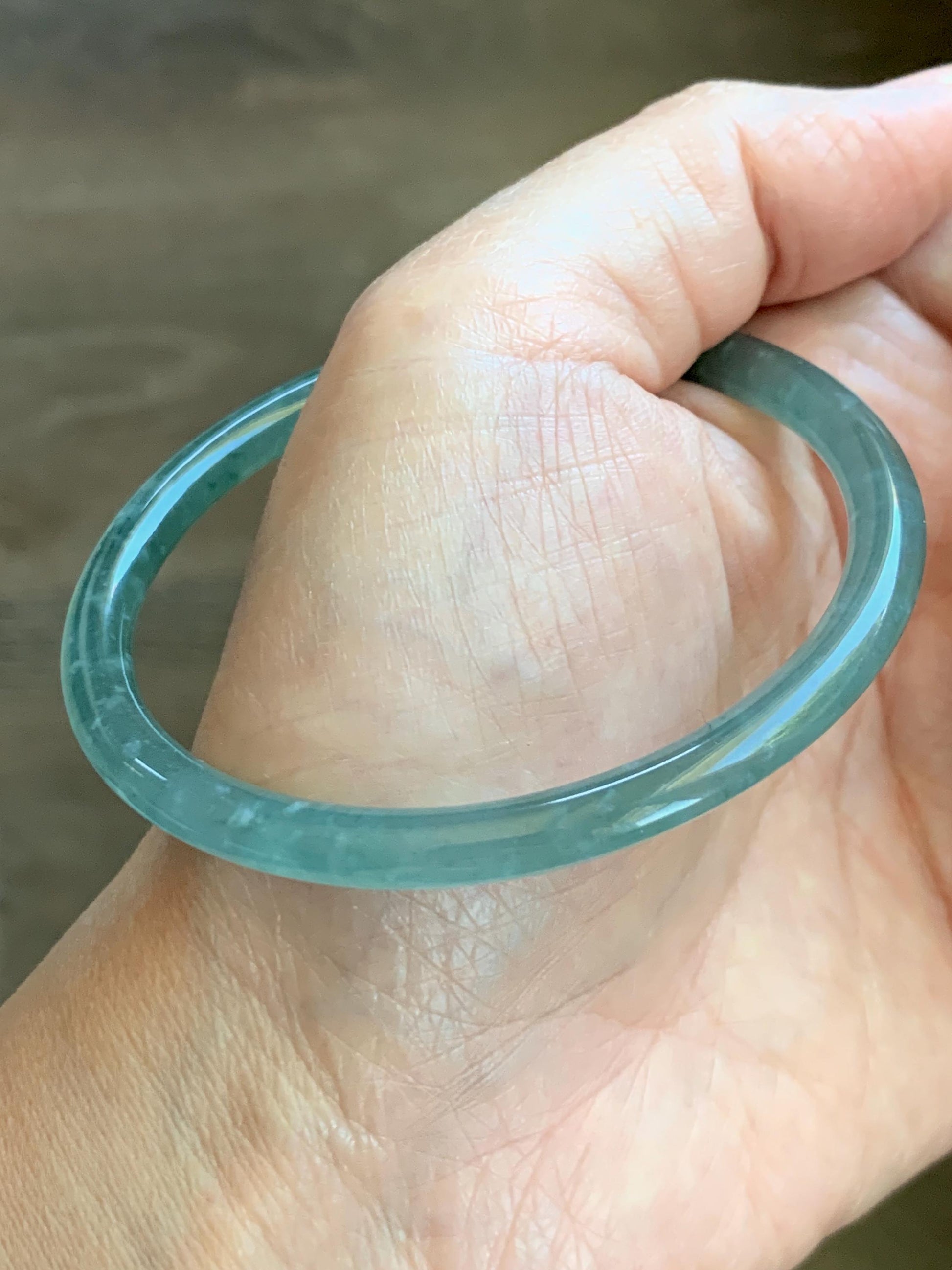 Certified Natural Grade A Guatemalan Icy Highly Translucent Dusty Teal Green Jade Jadeite Slim Bangle 57.57mm 7.11” 16g 天然冰胶危蓝绿翡翠细圆条手镯 206