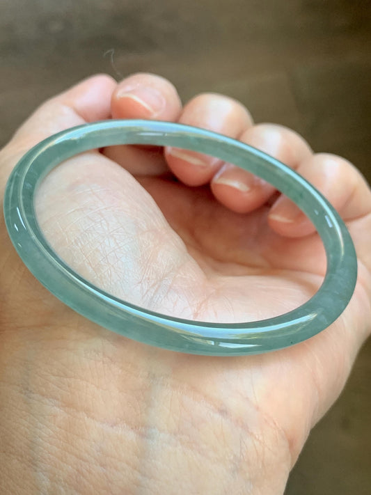 Certified Natural Grade A Guatemalan Icy Highly Translucent Dusty Teal Green Jade Jadeite Slim Bangle 57.57mm 7.11” 16g 天然冰胶危蓝绿翡翠细圆条手镯 206