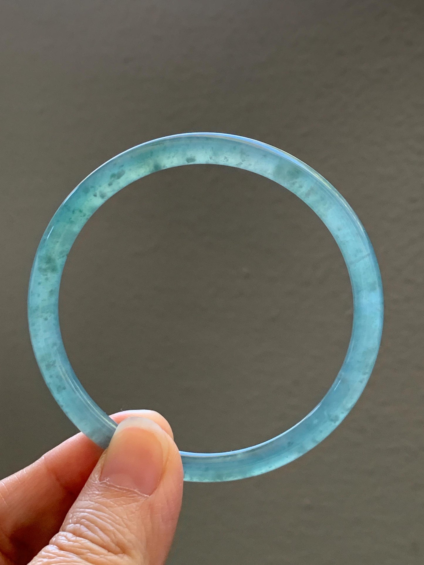 Certified Natural Grade A Guatemalan Icy Highly Translucent Dusty Teal Green Jade Jadeite Slim Bangle 57.57mm 7.11” 16g 天然冰胶危蓝绿翡翠细圆条手镯 206