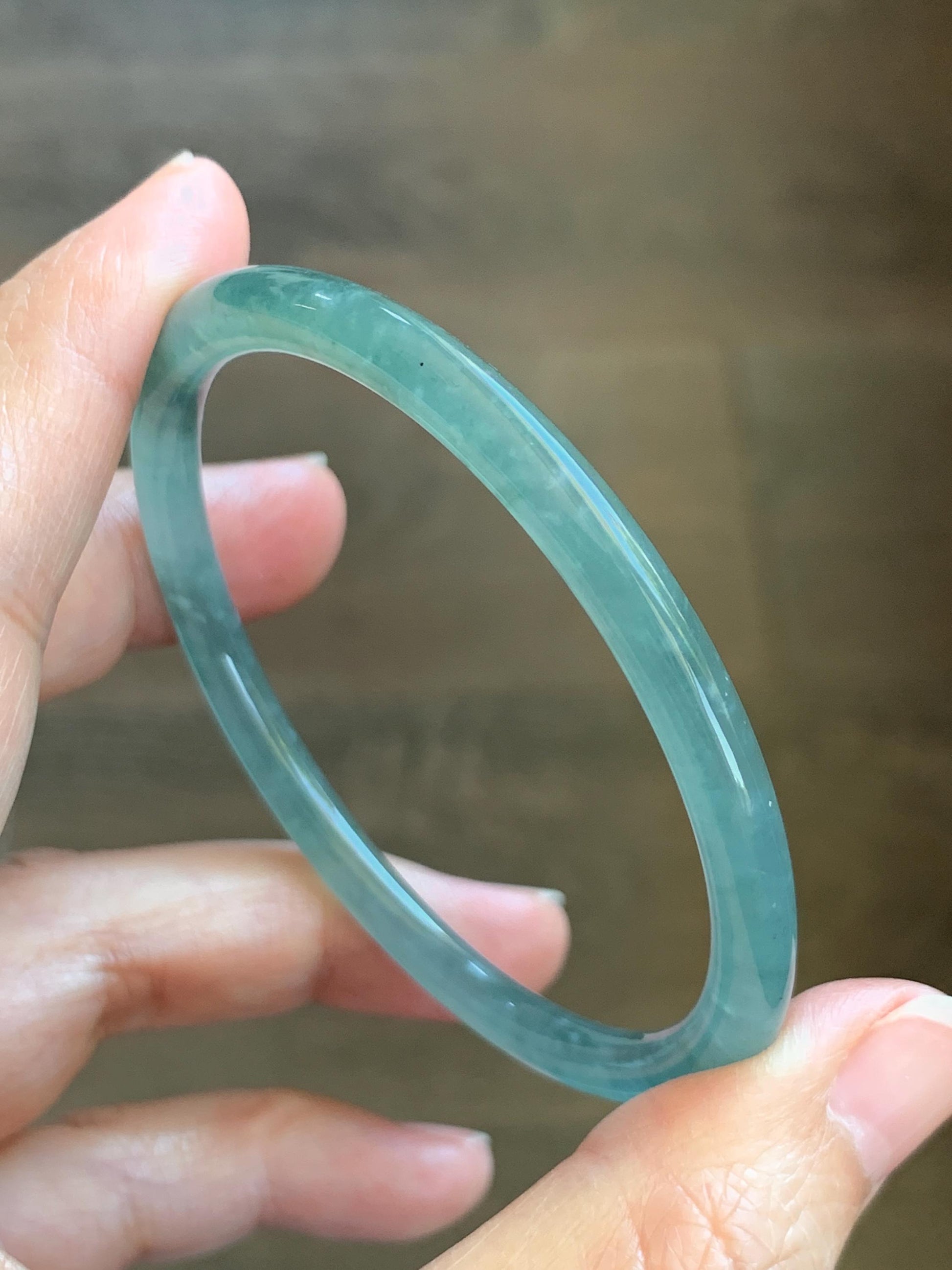 Certified Natural Grade A Guatemalan Icy Highly Translucent Dusty Teal Green Jade Jadeite Slim Bangle 57.57mm 7.11” 16g 天然冰胶危蓝绿翡翠细圆条手镯 206
