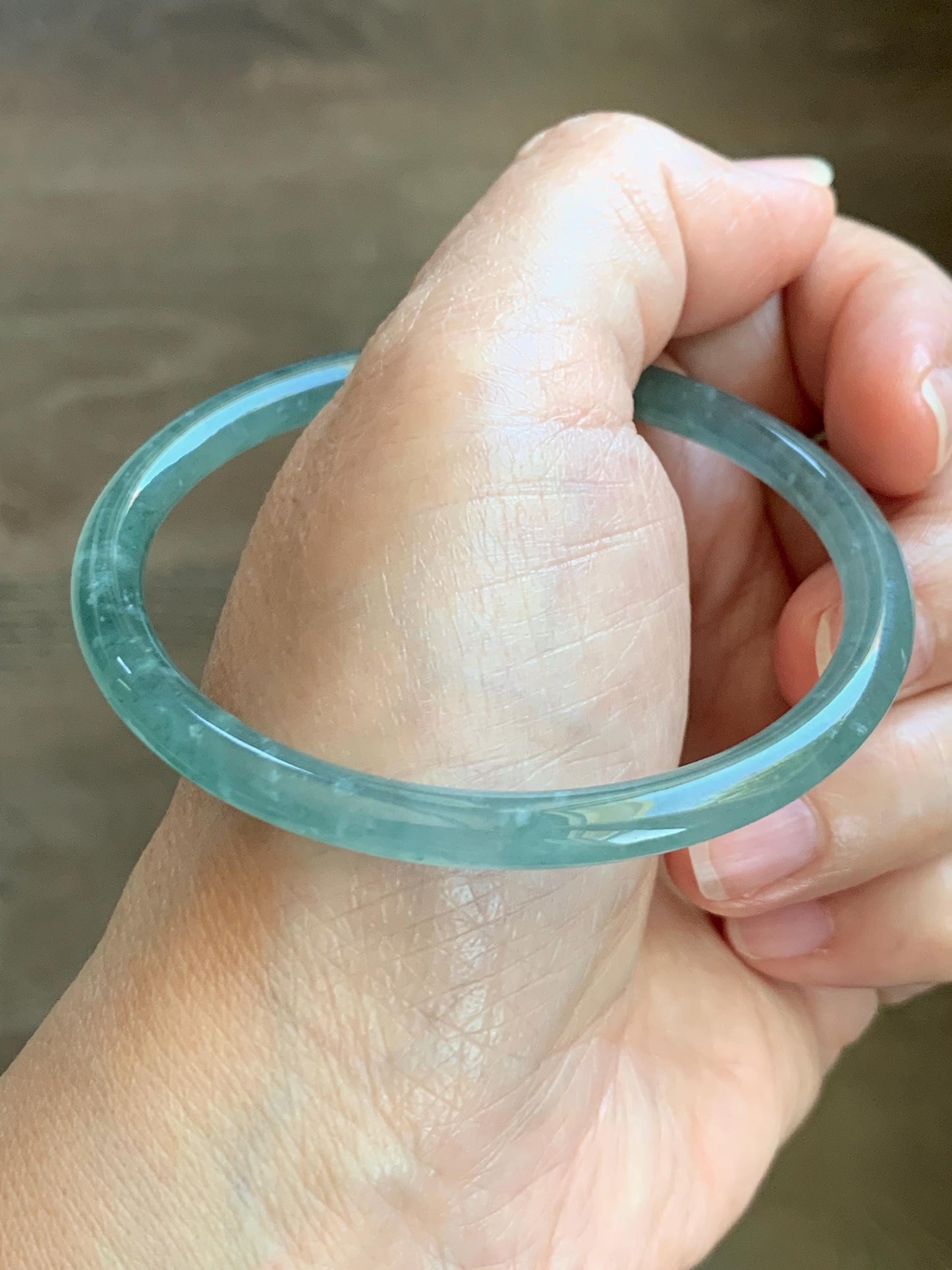 Certified Natural Grade A Guatemalan Icy Highly Translucent Dusty Teal Green Jade Jadeite Slim Bangle 57.57mm 7.11” 16g 天然冰胶危蓝绿翡翠细圆条手镯 206