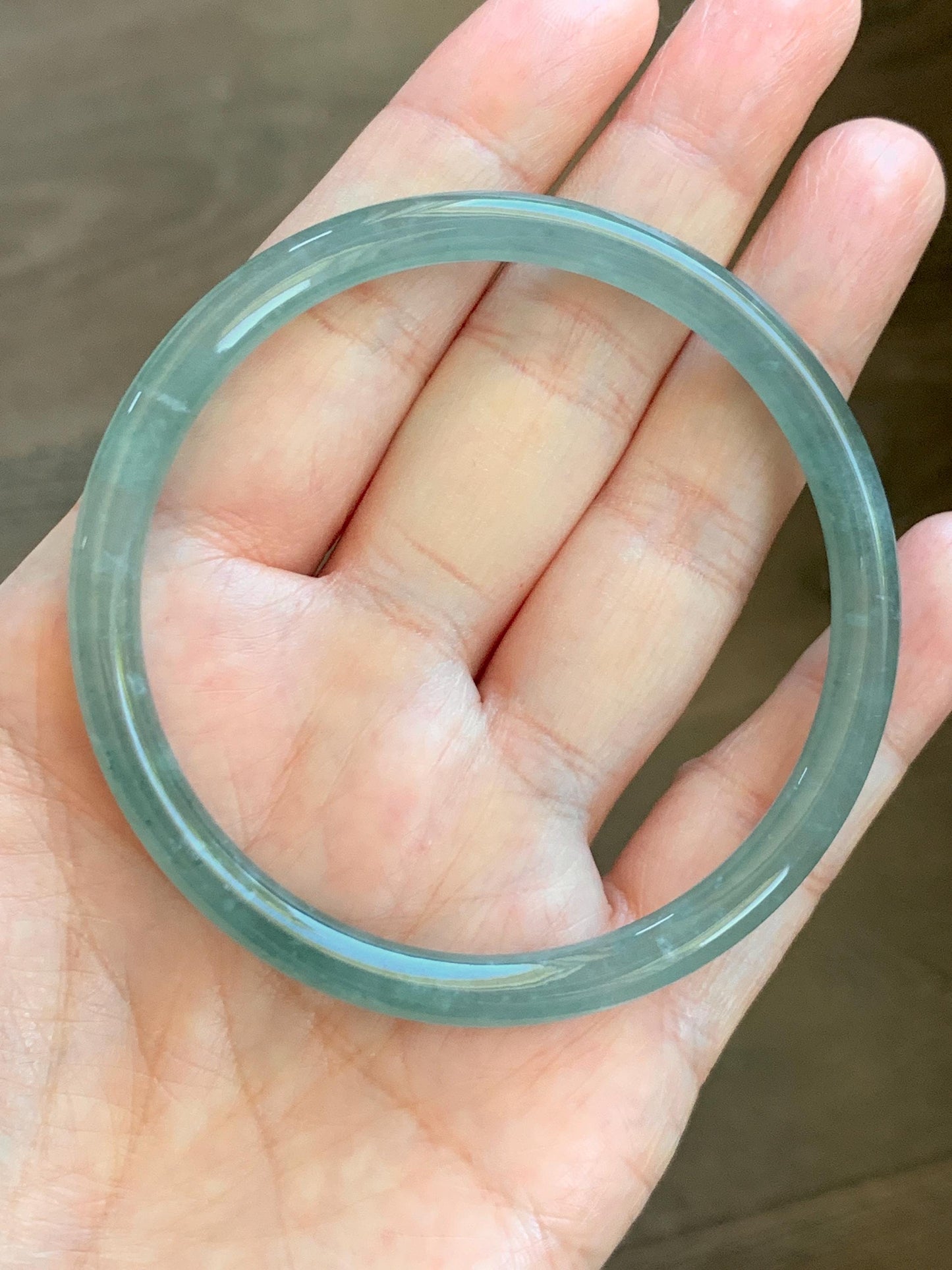 Certified Natural Grade A Guatemalan Icy Highly Translucent Dusty Teal Green Jade Jadeite Slim Bangle 57.57mm 7.11” 16g 天然冰胶危蓝绿翡翠细圆条手镯 206