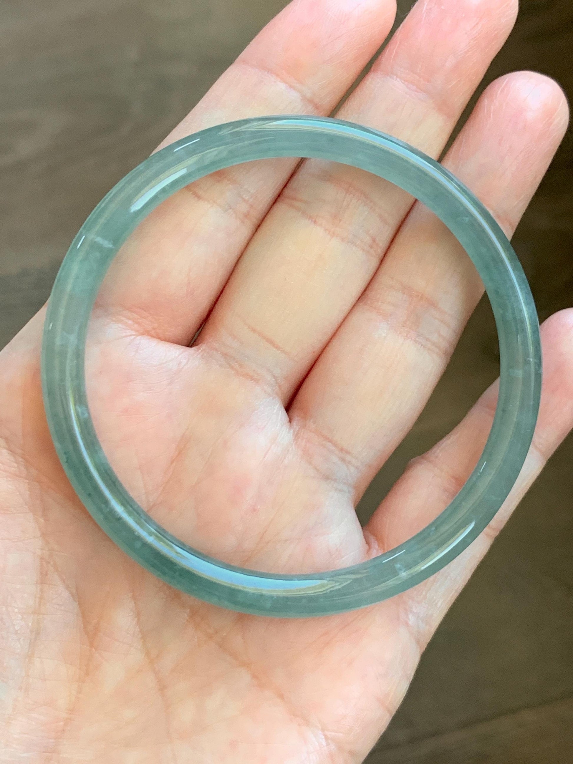 Certified Natural Grade A Guatemalan Icy Highly Translucent Dusty Teal Green Jade Jadeite Slim Bangle 57.57mm 7.11” 16g 天然冰胶危蓝绿翡翠细圆条手镯 206
