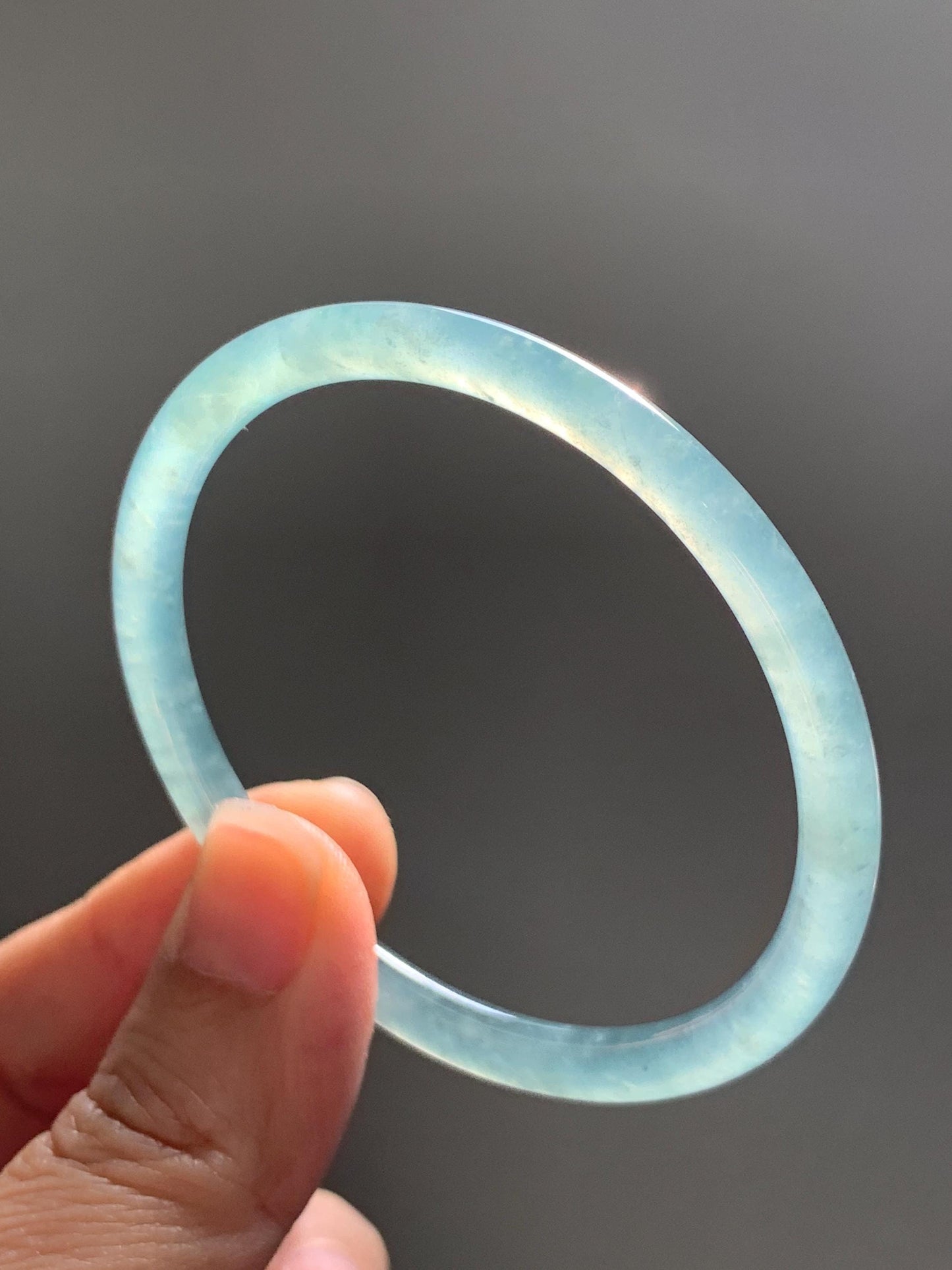 Certified Natural Grade A Guatemalan Icy Highly Translucent Dusty Teal Green Jade Jadeite Slim Bangle 53.05mm 6.56” 13g 天然冰胶危蓝绿翡翠细圆条手镯 207
