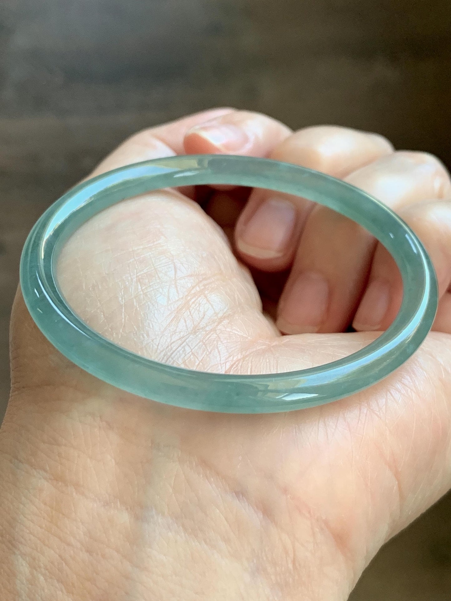 Certified Natural Grade A Guatemalan Icy Highly Translucent Dusty Teal Green Jade Jadeite Slim Bangle 53.05mm 6.56” 13g 天然冰胶危蓝绿翡翠细圆条手镯 207