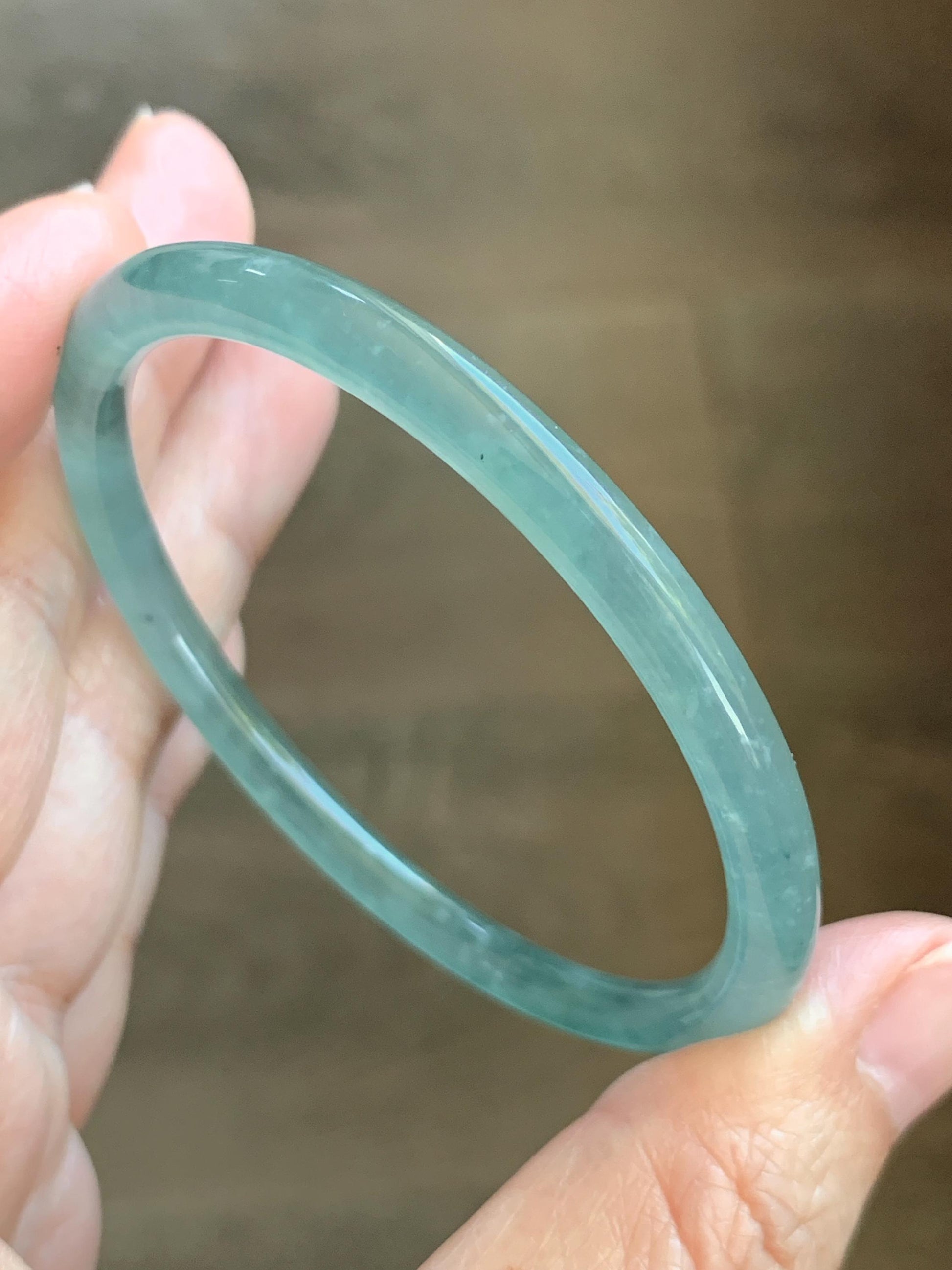 Certified Natural Grade A Guatemalan Icy Highly Translucent Dusty Teal Green Jade Jadeite Slim Bangle 53.05mm 6.56” 13g 天然冰胶危蓝绿翡翠细圆条手镯 207