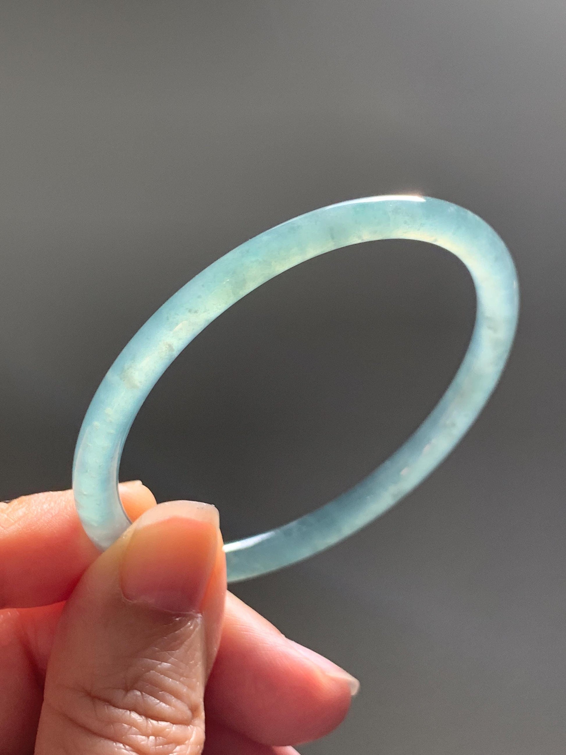 Certified Natural Grade A Guatemalan Icy Highly Translucent Dusty Teal Green Jade Jadeite Slim Bangle 53.05mm 6.56” 13g 天然冰胶危蓝绿翡翠细圆条手镯 207