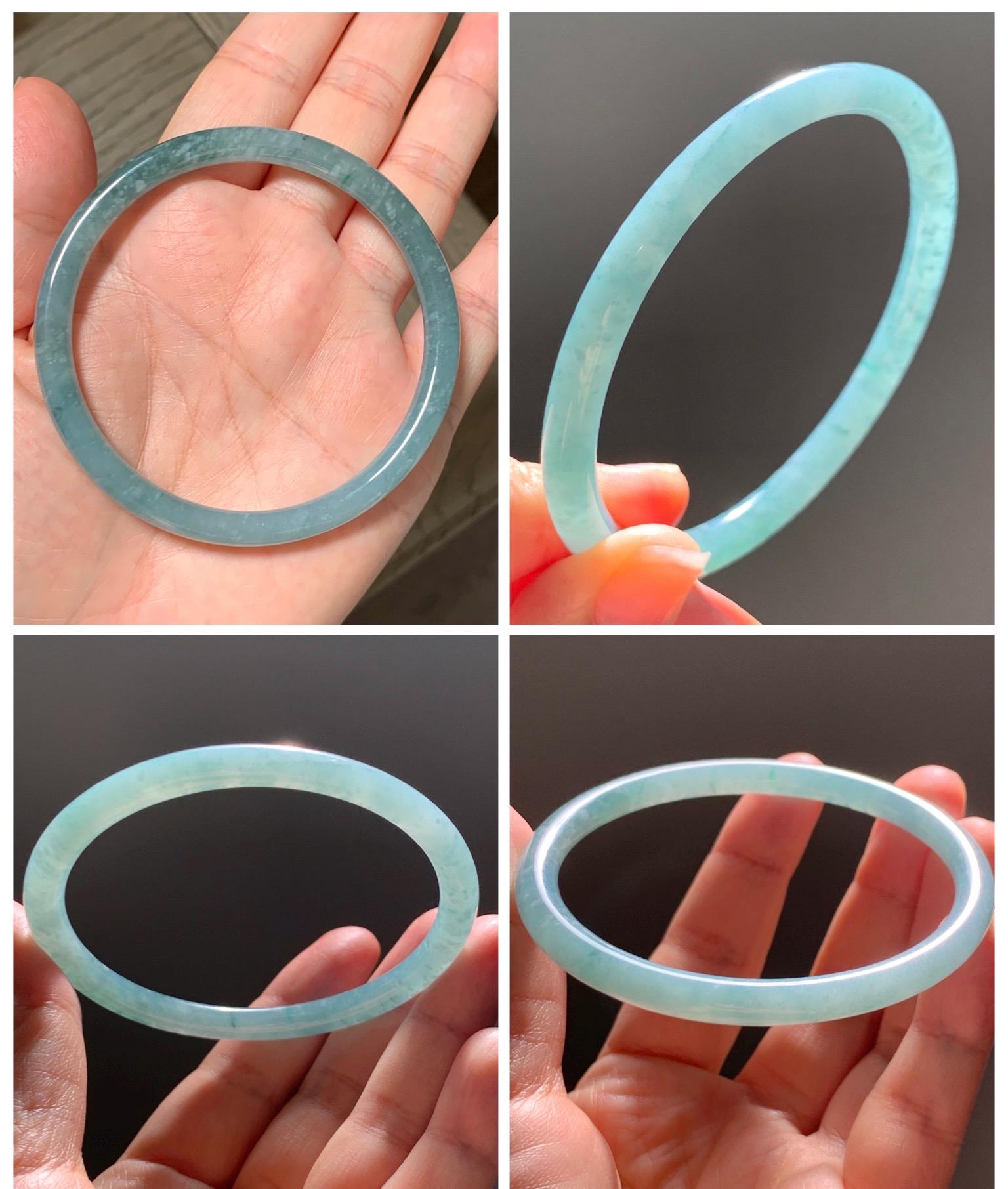 Certified Natural Grade A Guatemalan Icy Translucent Dusty Teal Jade Jadeite Slim Bangle 60.1mm 7.43” 20g 天然冰危暗蓝绿翡翠细圆条手镯 203