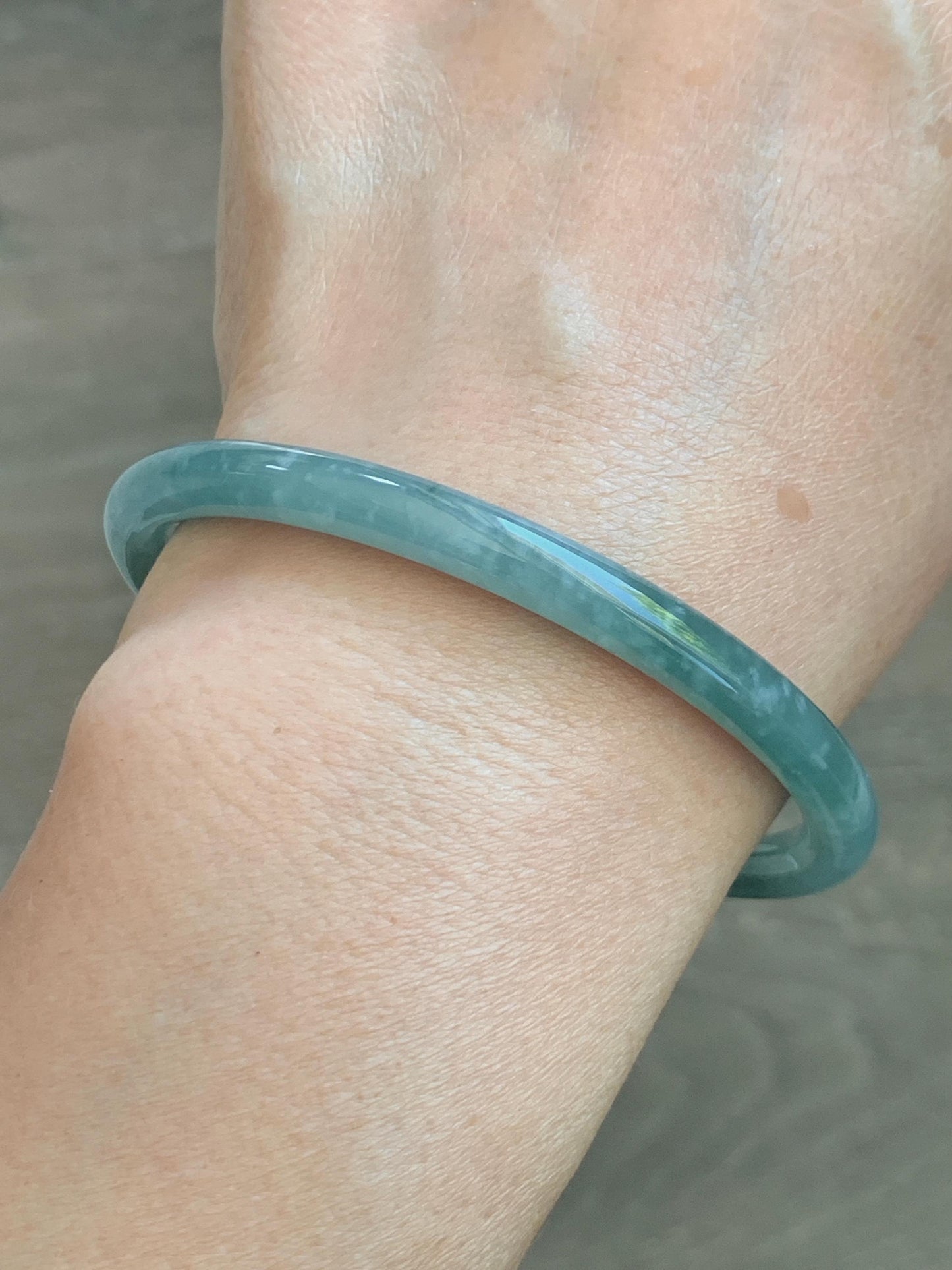 Certified Natural Grade A Guatemalan Icy Translucent Dusty Teal Jade Jadeite Slim Bangle 60.1mm 7.43” 20g 天然冰危暗蓝绿翡翠细圆条手镯 203