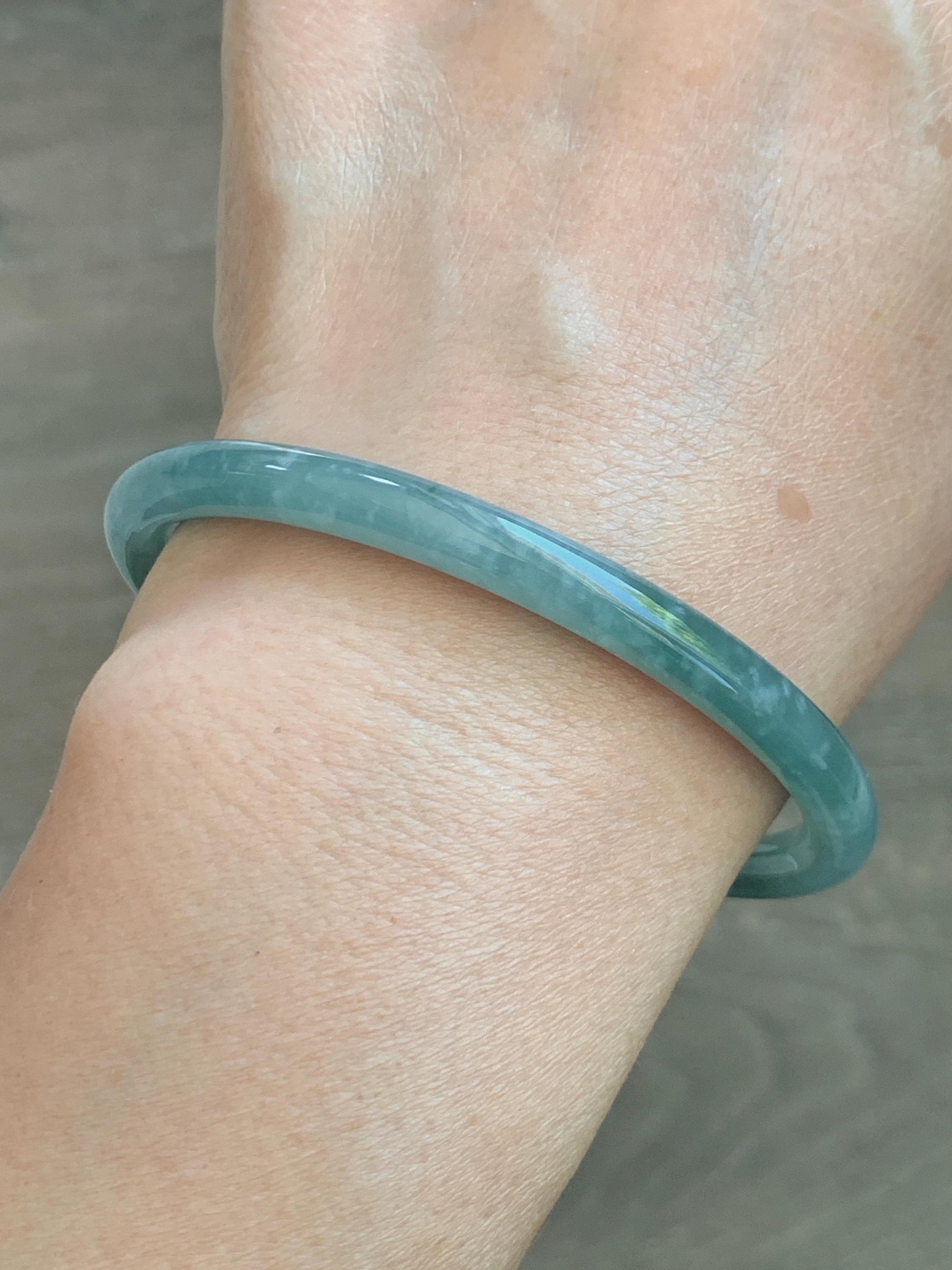 Certified Natural Grade A Guatemalan Icy Translucent Dusty Teal Jade Jadeite Slim Bangle 60.1mm 7.43” 20g 天然冰危暗蓝绿翡翠细圆条手镯 203