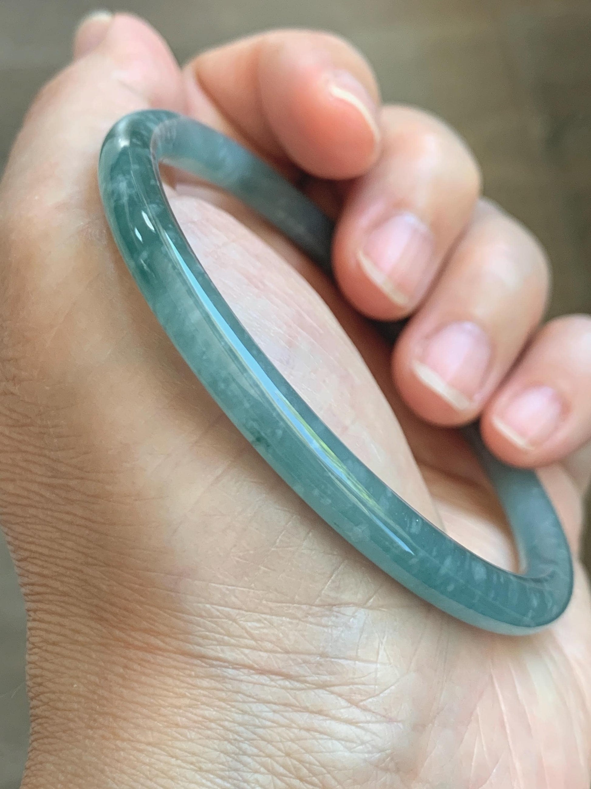 Certified Natural Grade A Guatemalan Icy Translucent Dusty Teal Jade Jadeite Slim Bangle 60.1mm 7.43” 20g 天然冰危暗蓝绿翡翠细圆条手镯 203