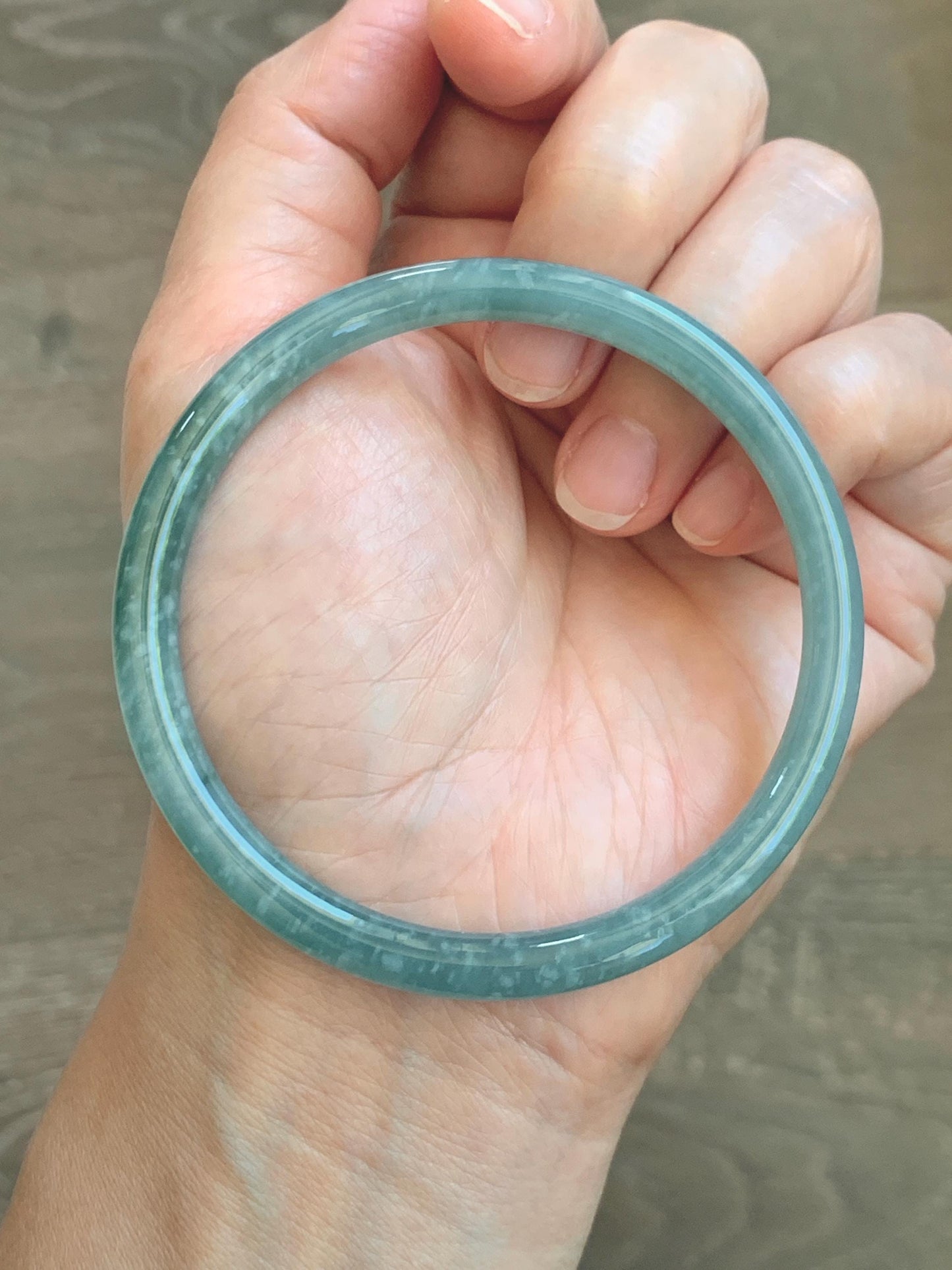Certified Natural Grade A Guatemalan Icy Translucent Dusty Teal Jade Jadeite Slim Bangle 60.1mm 7.43” 20g 天然冰危暗蓝绿翡翠细圆条手镯 203