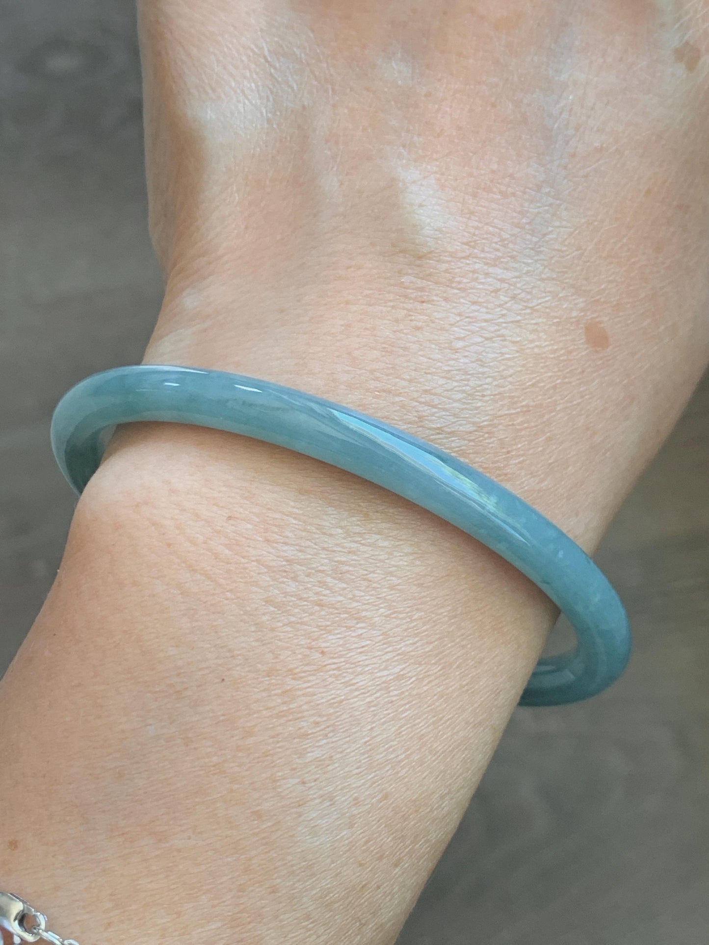 Certified Natural Grade A Guatemalan Icy Translucent Dusty Teal Jade Jadeite Slim Bangle 60.1mm 7.43” 20g 天然冰危暗蓝绿翡翠细圆条手镯 203