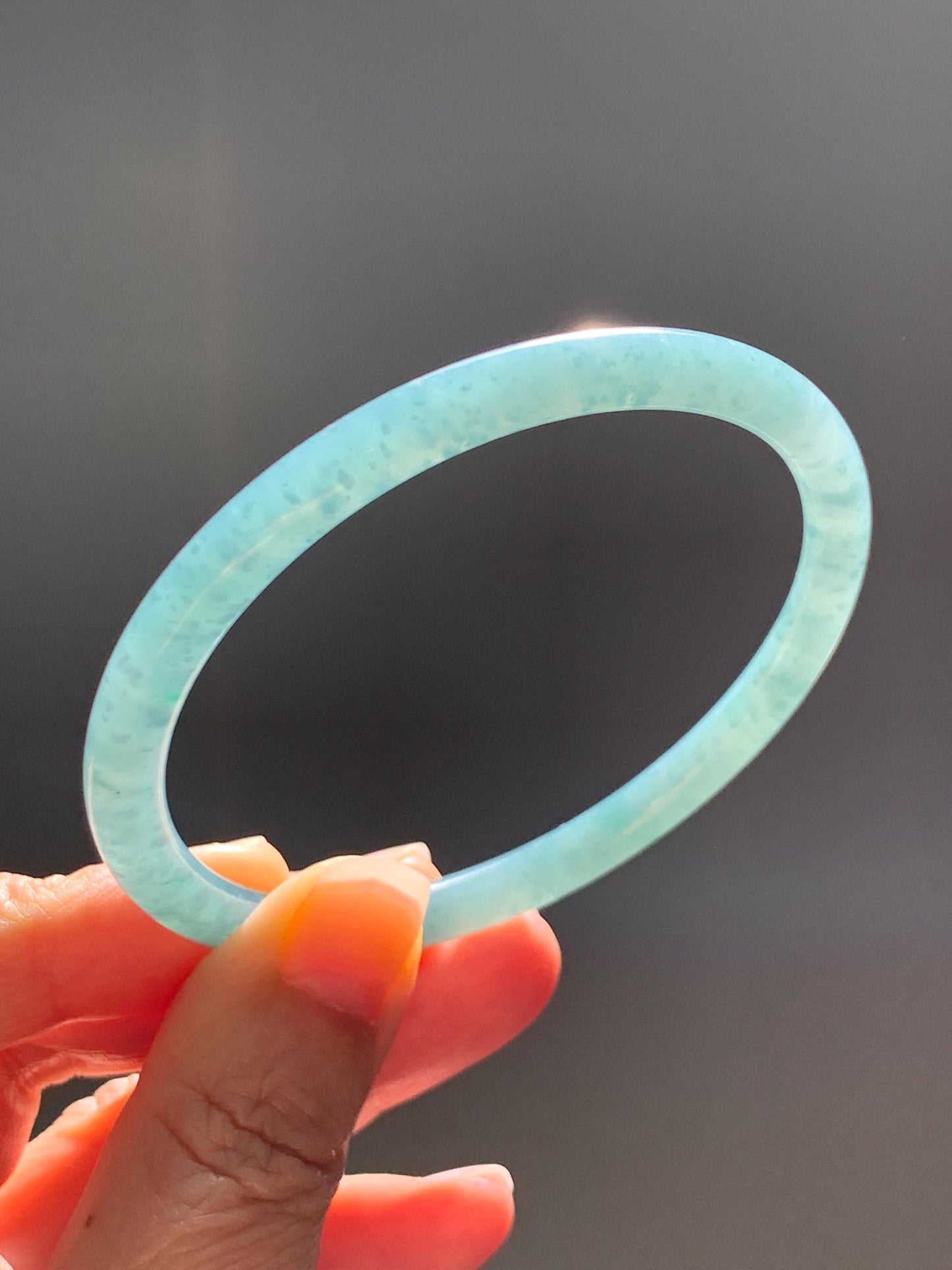 Certified Natural Grade A Guatemalan Icy Translucent Dusty Teal Jade Jadeite Slim Bangle 60.1mm 7.43” 20g 天然冰危暗蓝绿翡翠细圆条手镯 203