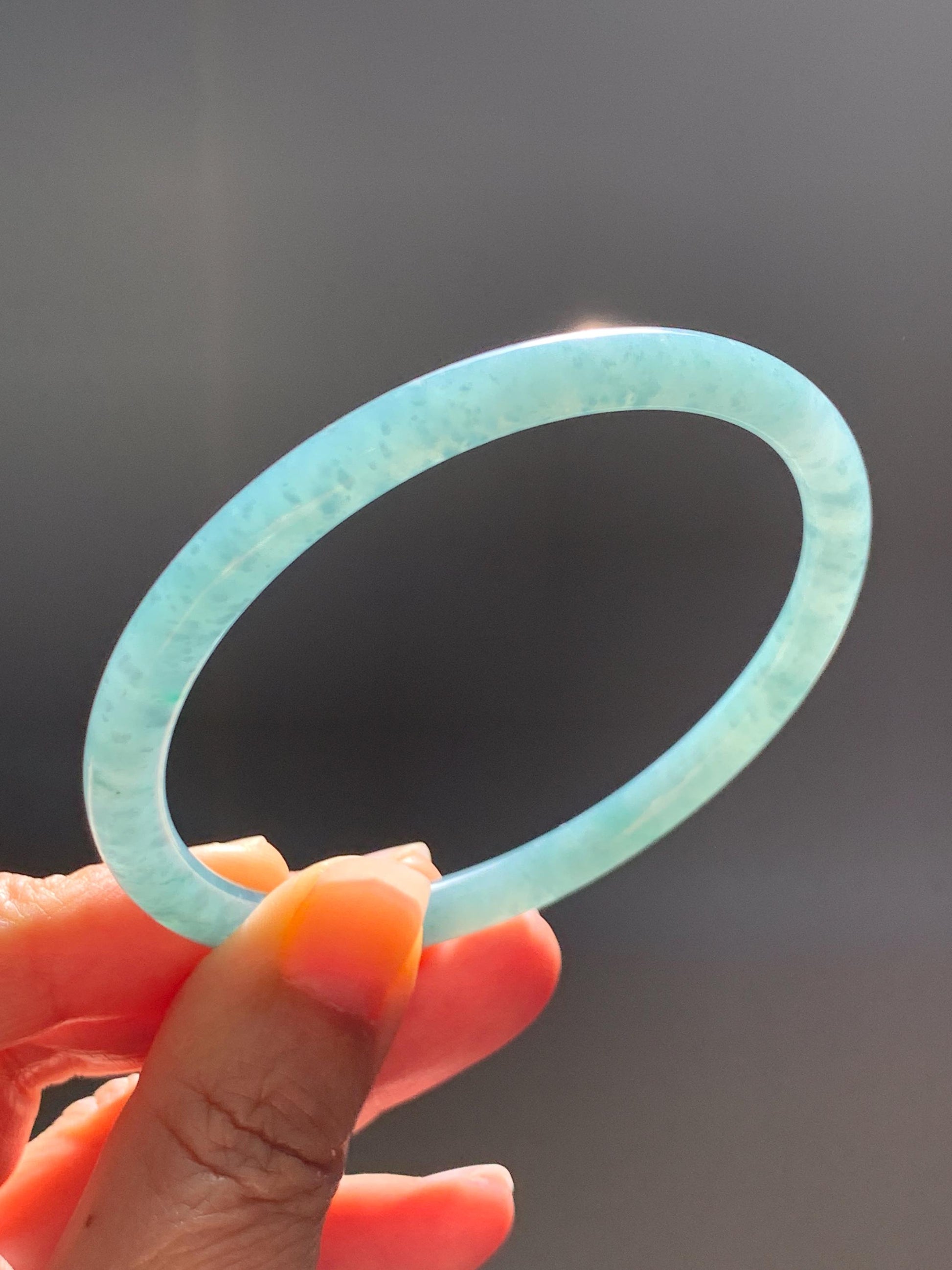 Certified Natural Grade A Guatemalan Icy Translucent Dusty Teal Jade Jadeite Slim Bangle 60.1mm 7.43” 20g 天然冰危暗蓝绿翡翠细圆条手镯 203
