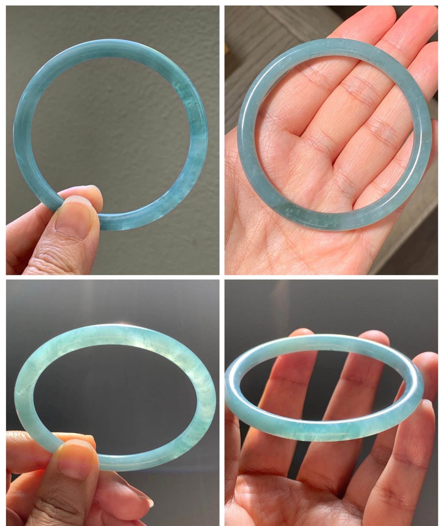 Certified Natural Grade A Guatemalan Icy Translucent Dusty Teal Jade Jadeite Slim Bangle 57mm 7” 20g 天然冰危暗蓝绿翡翠细圆条手镯 202