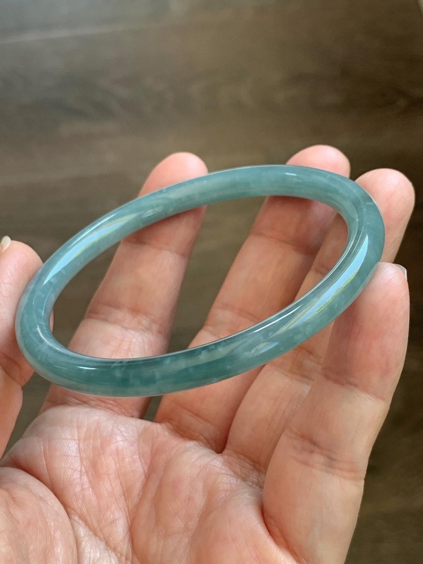 Certified Natural Grade A Guatemalan Icy Translucent Dusty Teal Jade Jadeite Slim Bangle 57mm 7” 20g 天然冰危暗蓝绿翡翠细圆条手镯 202