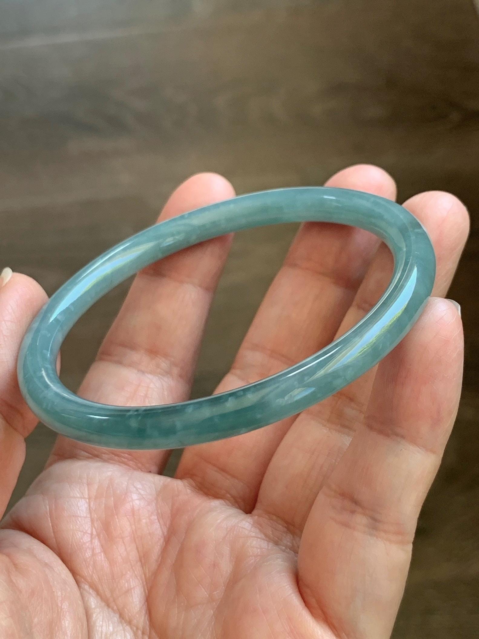 Certified Natural Grade A Guatemalan Icy Translucent Dusty Teal Jade Jadeite Slim Bangle 57mm 7” 20g 天然冰危暗蓝绿翡翠细圆条手镯 202