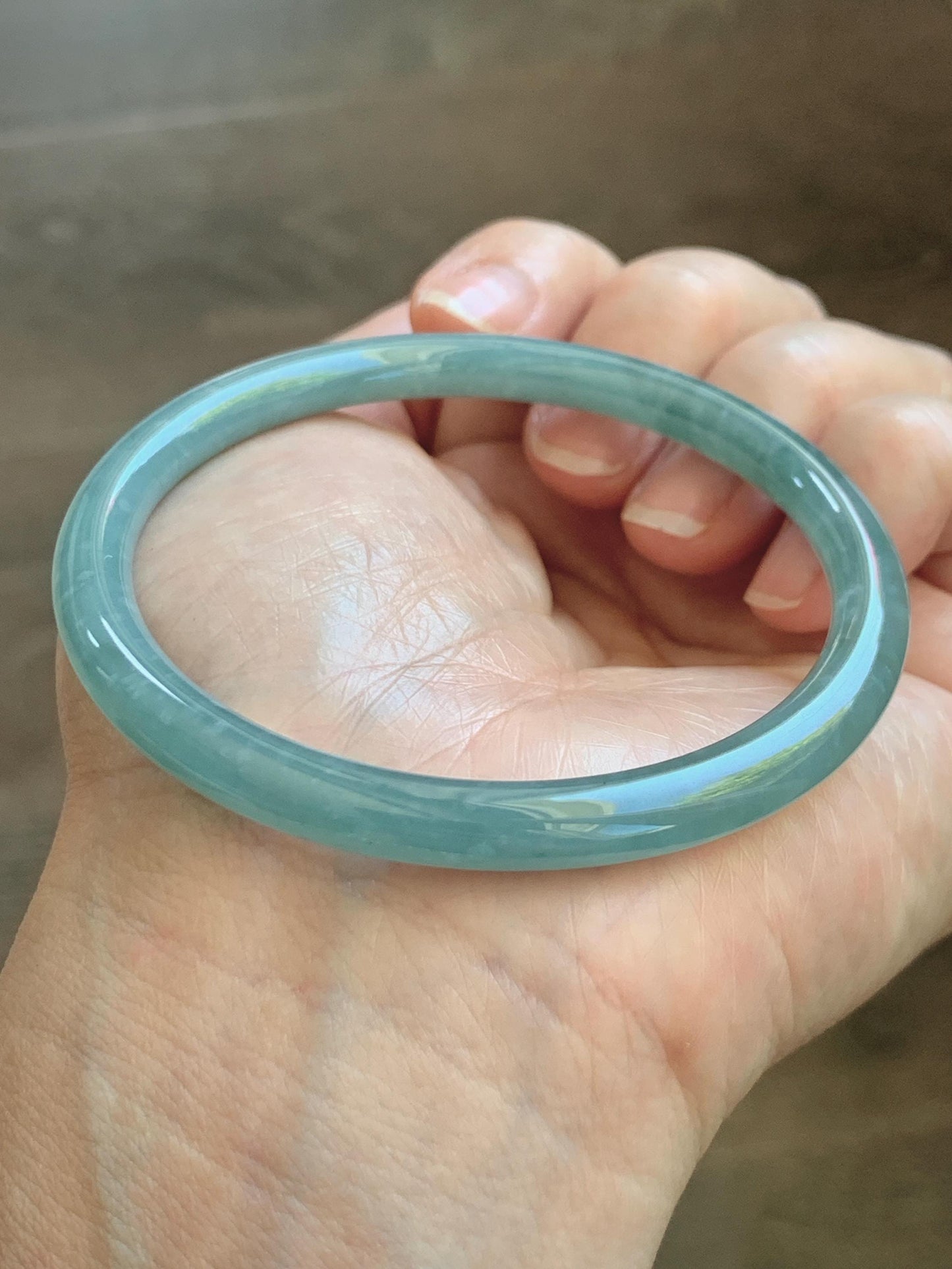 Certified Natural Grade A Guatemalan Icy Translucent Dusty Teal Jade Jadeite Slim Bangle 57mm 7” 20g 天然冰危暗蓝绿翡翠细圆条手镯 202
