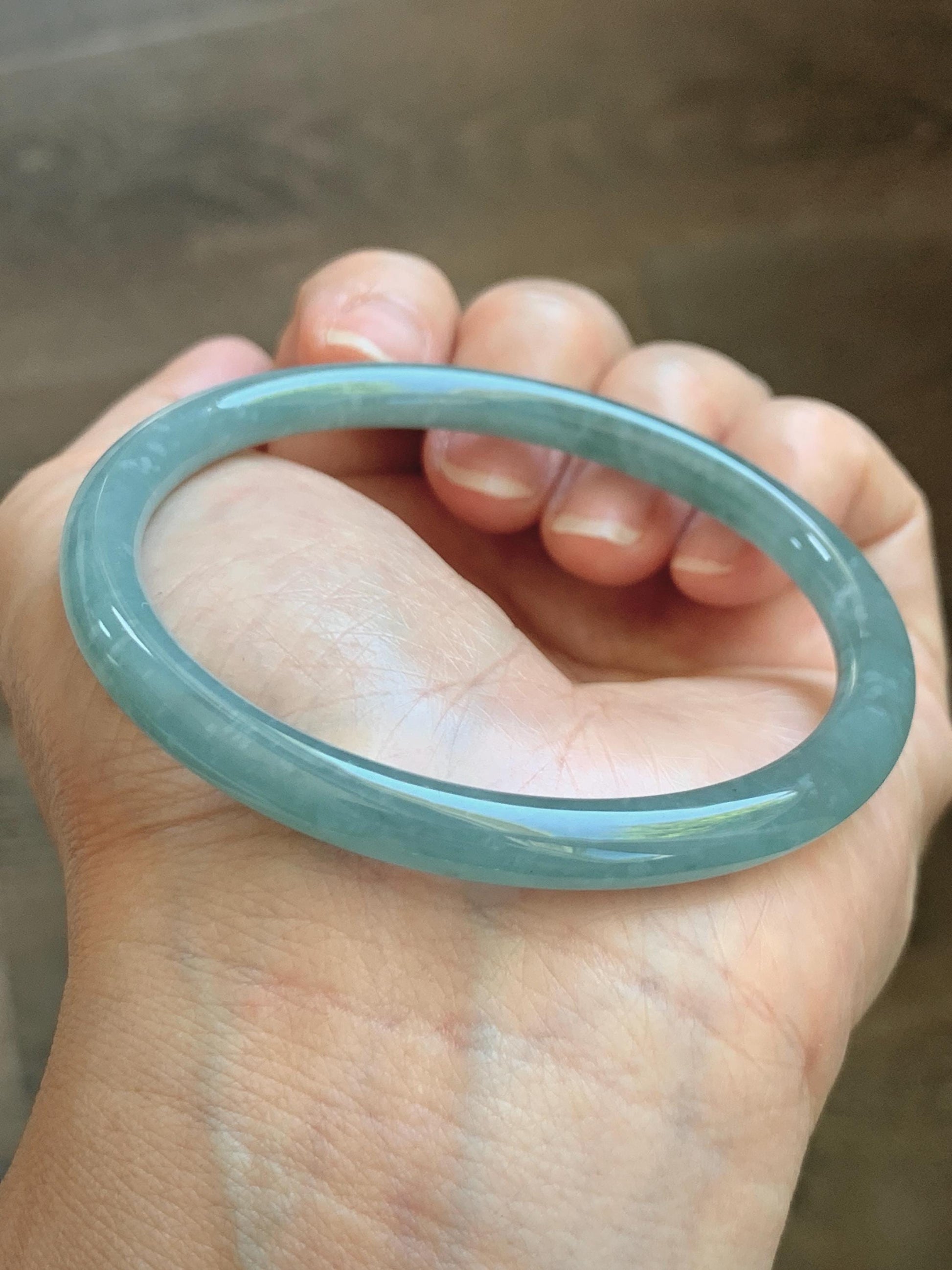 Certified Natural Grade A Guatemalan Icy Translucent Dusty Teal Jade Jadeite Slim Bangle 57mm 7” 20g 天然冰危暗蓝绿翡翠细圆条手镯 202