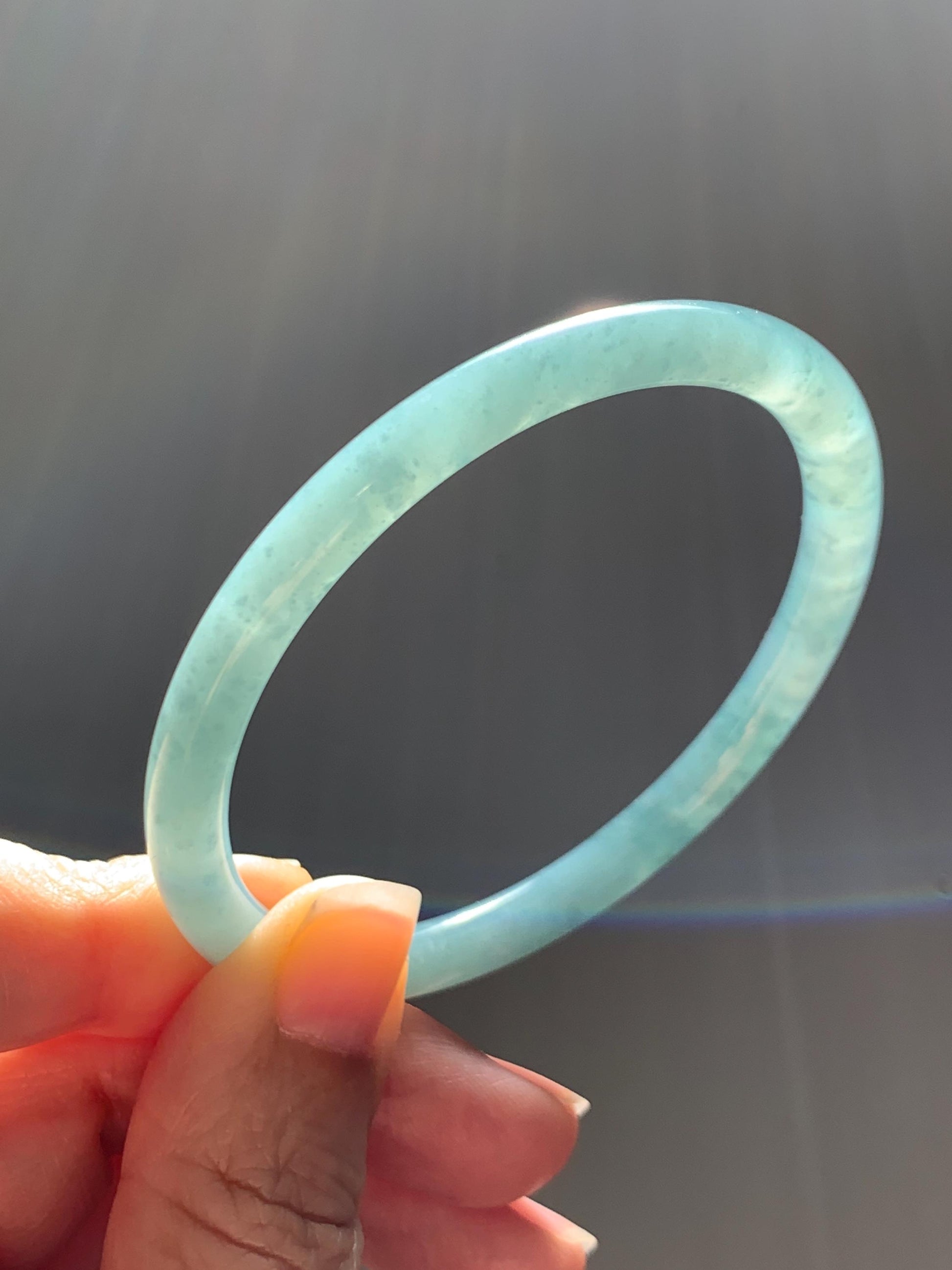 Certified Natural Grade A Guatemalan Icy Translucent Dusty Teal Jade Jadeite Slim Bangle 57mm 7” 20g 天然冰危暗蓝绿翡翠细圆条手镯 202