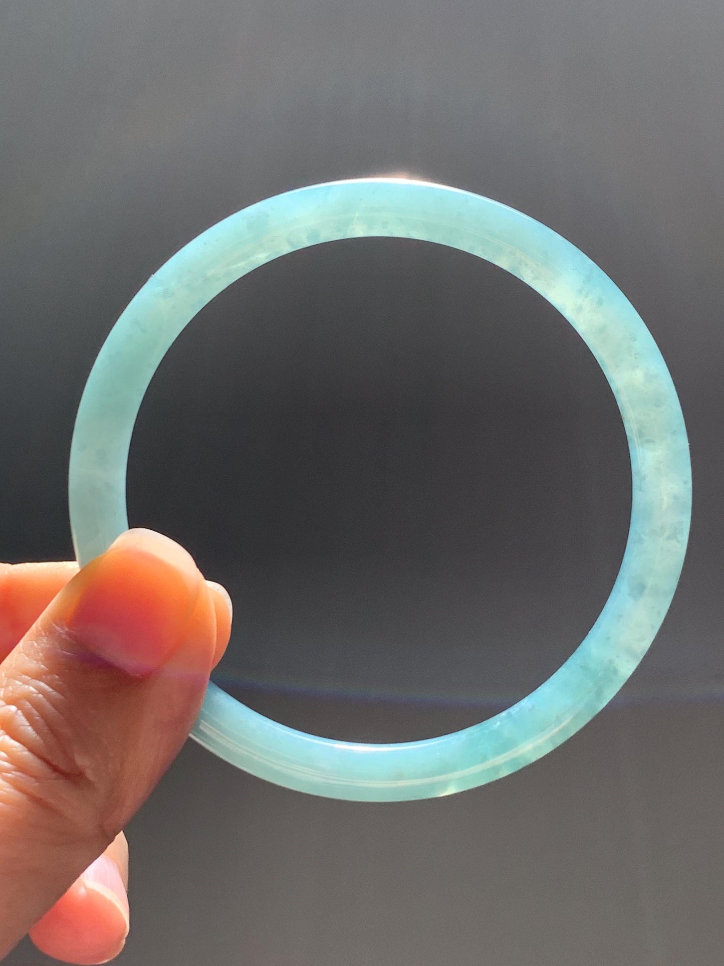 Certified Natural Grade A Guatemalan Icy Translucent Dusty Teal Jade Jadeite Slim Bangle 57mm 7” 20g 天然冰危暗蓝绿翡翠细圆条手镯 202
