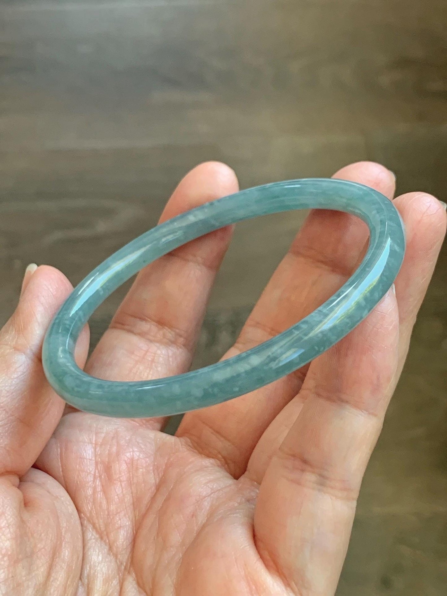 Certified Natural Grade A Guatemalan Icy Translucent Dusty Teal Jade Jadeite Slim Bangle 57.36mm 7.09” 18.52g 天然冰危暗蓝绿翡翠细圆条手镯 201