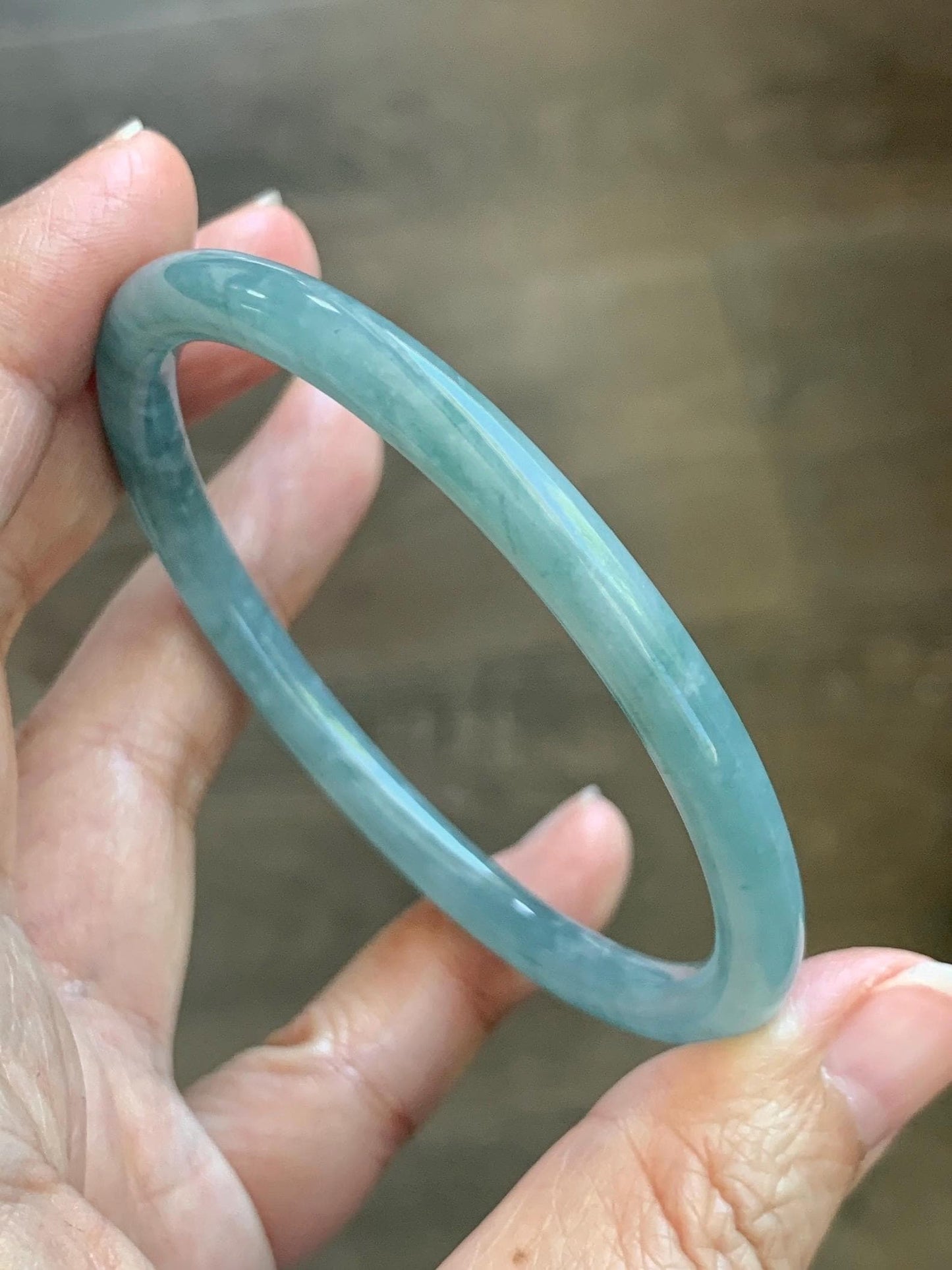 Certified Natural Grade A Guatemalan Icy Translucent Dusty Teal Jade Jadeite Slim Bangle 57.36mm 7.09” 18.52g 天然冰危暗蓝绿翡翠细圆条手镯 201
