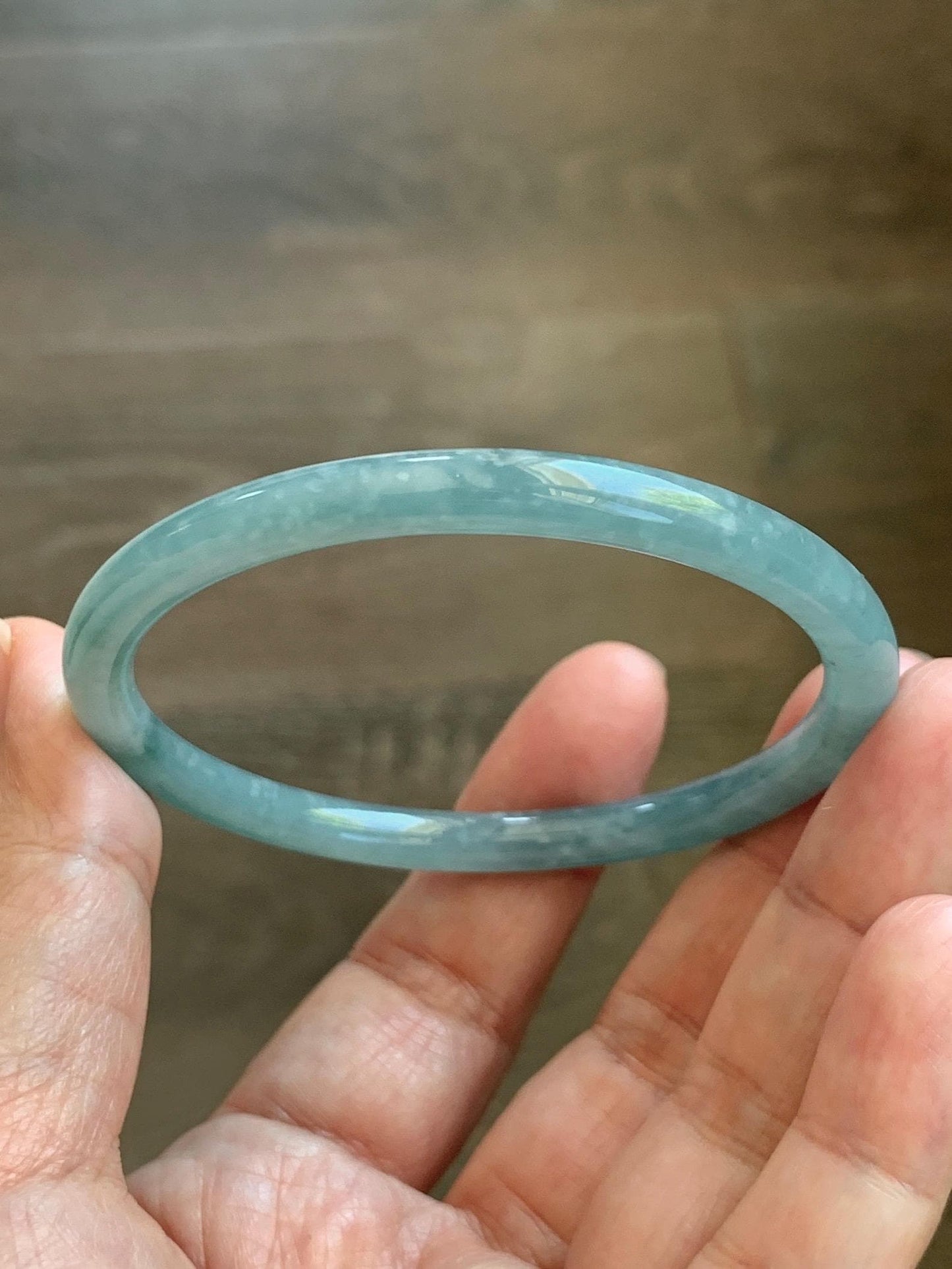 Certified Natural Grade A Guatemalan Icy Translucent Dusty Teal Jade Jadeite Slim Bangle 57.36mm 7.09” 18.52g 天然冰危暗蓝绿翡翠细圆条手镯 201