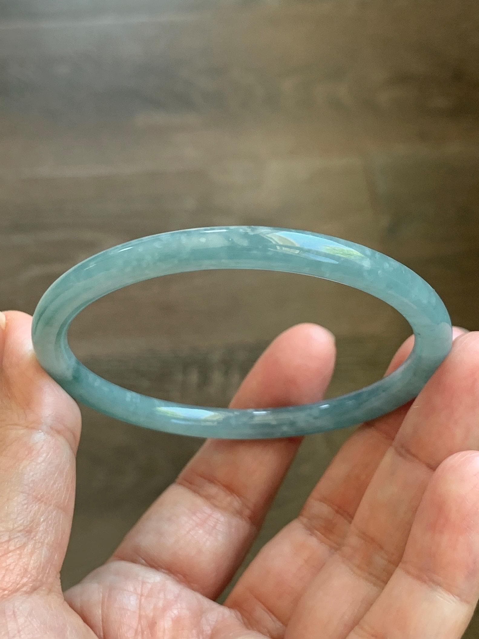Certified Natural Grade A Guatemalan Icy Translucent Dusty Teal Jade Jadeite Slim Bangle 57.36mm 7.09” 18.52g 天然冰危暗蓝绿翡翠细圆条手镯 201