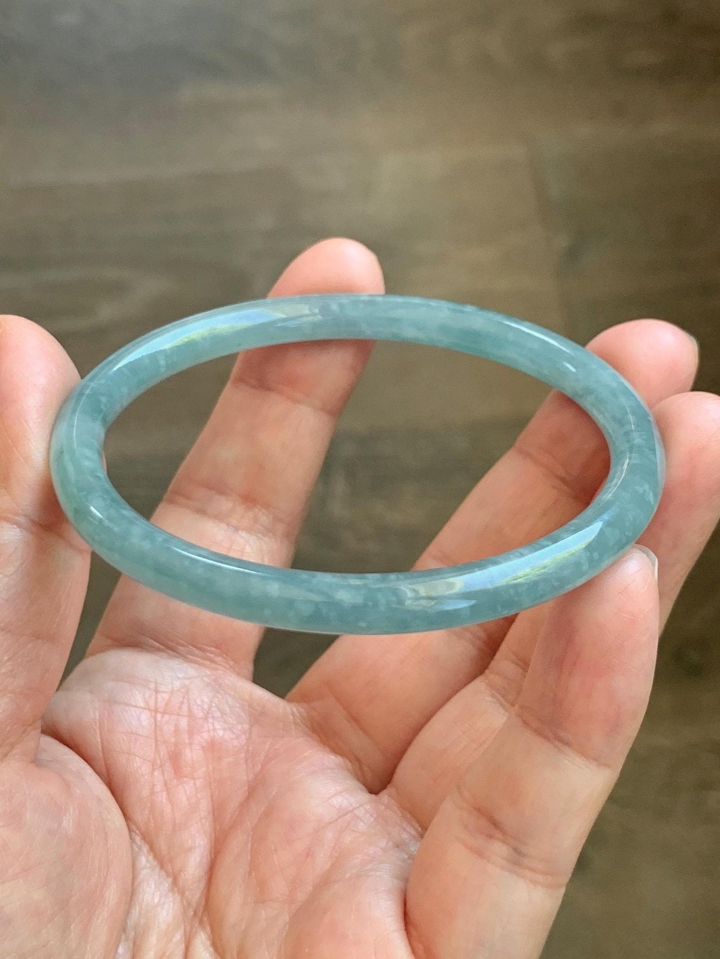 Certified Natural Grade A Guatemalan Icy Translucent Dusty Teal Jade Jadeite Slim Bangle 57.36mm 7.09” 18.52g 天然冰危暗蓝绿翡翠细圆条手镯 201