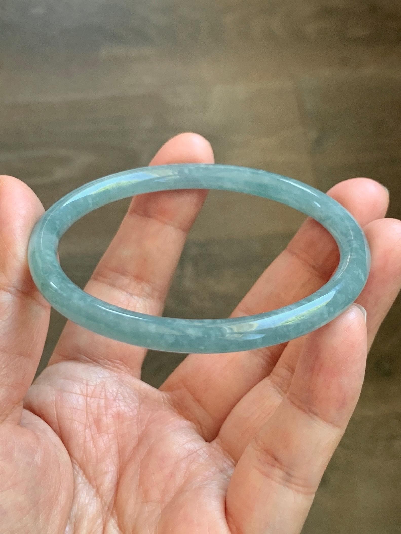Certified Natural Grade A Guatemalan Icy Translucent Dusty Teal Jade Jadeite Slim Bangle 57.36mm 7.09” 18.52g 天然冰危暗蓝绿翡翠细圆条手镯 201