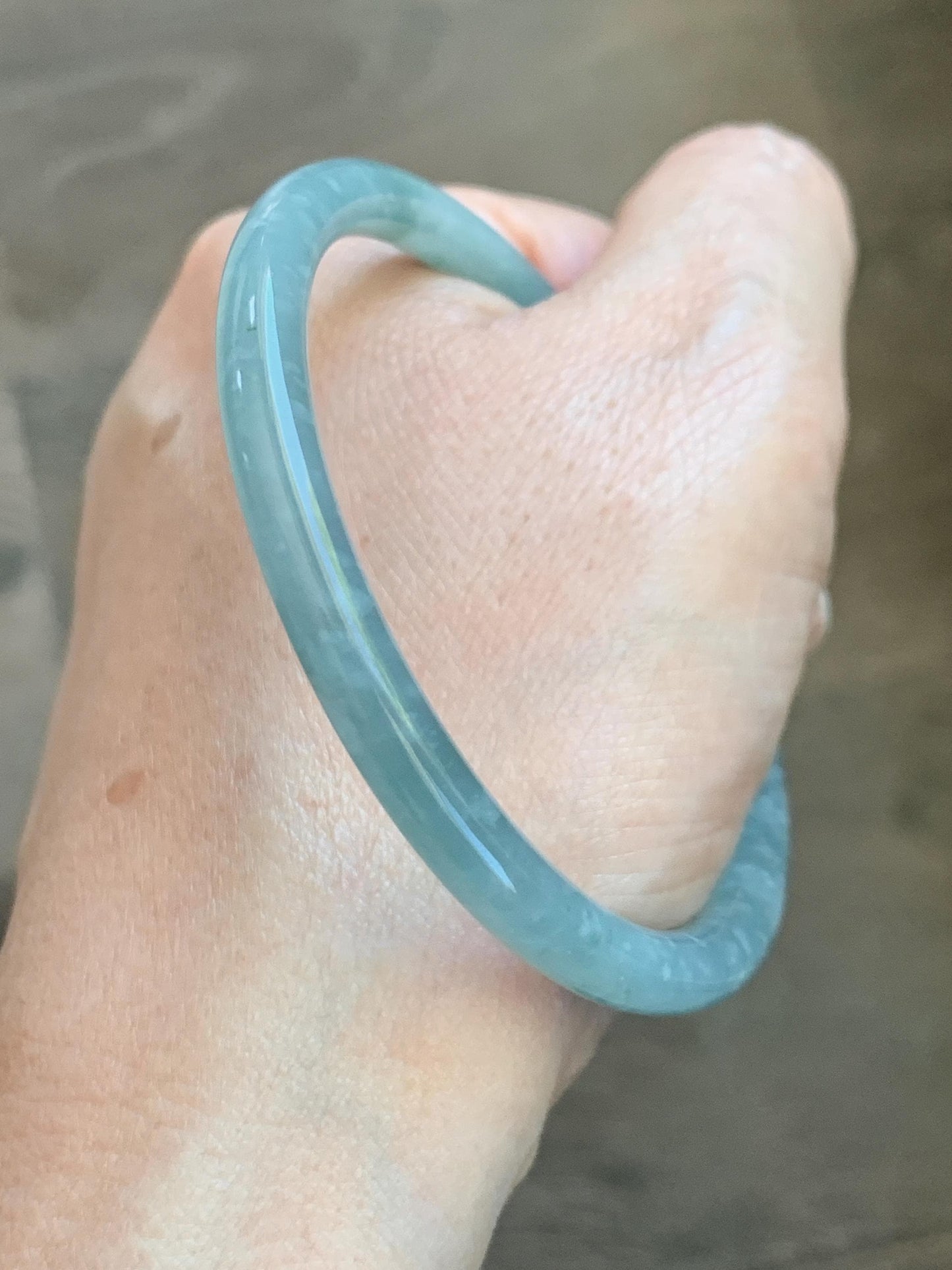 Certified Natural Grade A Guatemalan Icy Translucent Dusty Teal Jade Jadeite Slim Bangle 57.36mm 7.09” 18.52g 天然冰危暗蓝绿翡翠细圆条手镯 201