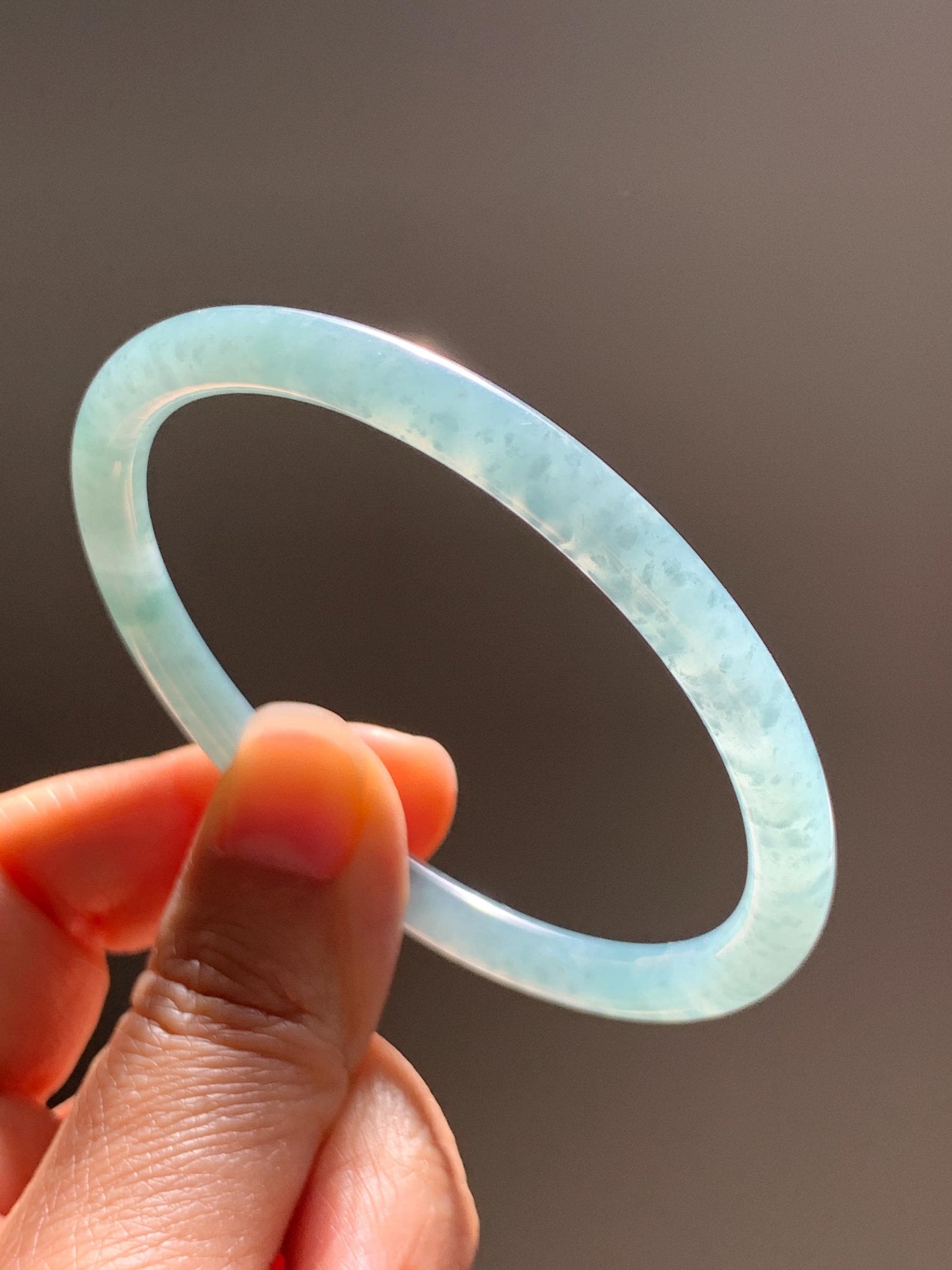 Certified Natural Grade A Guatemalan Icy Translucent Dusty Teal Jade Jadeite Slim Bangle 57.36mm 7.09” 18.52g 天然冰危暗蓝绿翡翠细圆条手镯 201