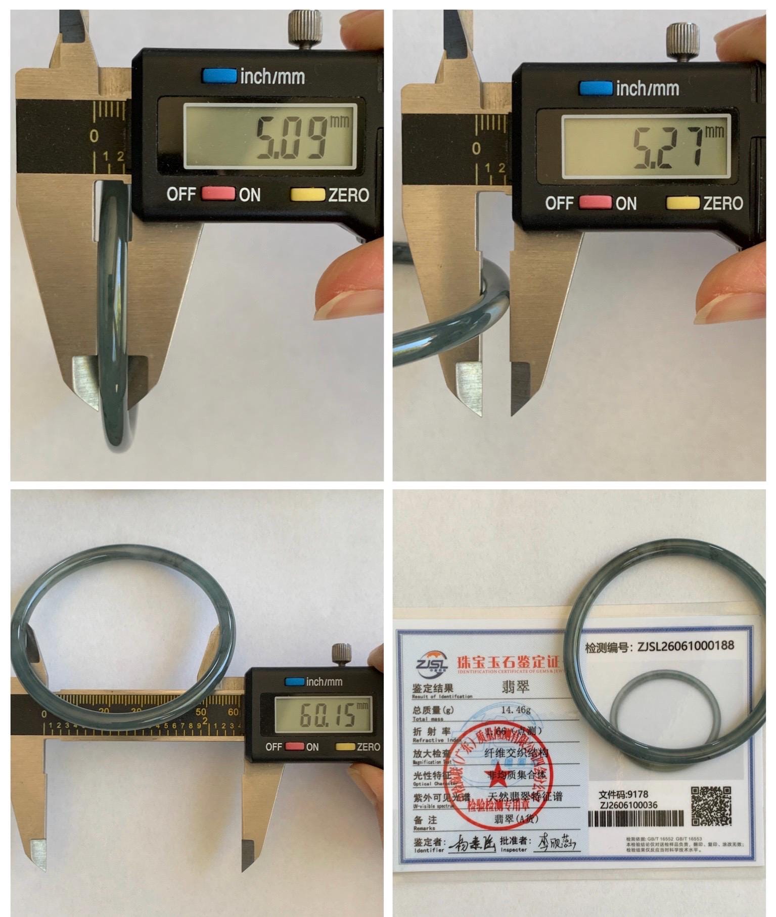 Certified Natural Grade A Guatemalan Icy Translucent Grayish Blue Wuji Marbled Jade Jadeite Bangle Bracelet 60.15mm 7.4” 天然冰危蓝灰乌鸡细圆条翡翠手镯 188