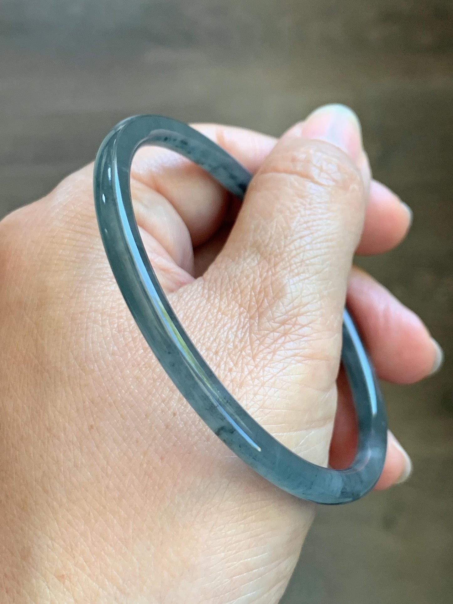 Certified Natural Grade A Guatemalan Icy Translucent Grayish Blue Wuji Marbled Jade Jadeite Bangle Bracelet 60.15mm 7.4” 天然冰危蓝灰乌鸡细圆条翡翠手镯 188